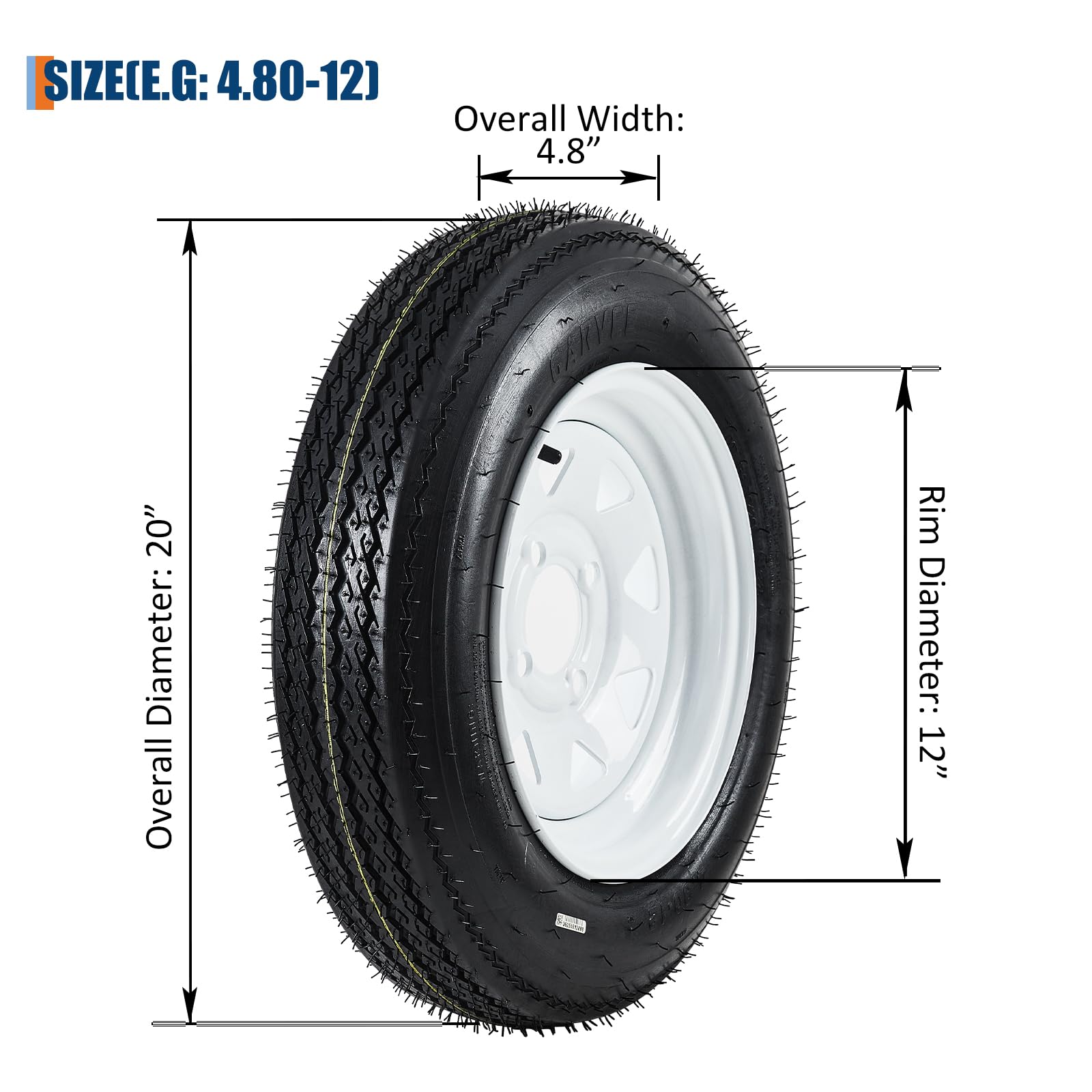 Garvee 4.80-12 Trailer Tire and Wheel Assembly, Heavy-Duty Load Range C 6PR, 12 Inch White Modular Wheel for Utility Boat Camper Trailers, Set of 2