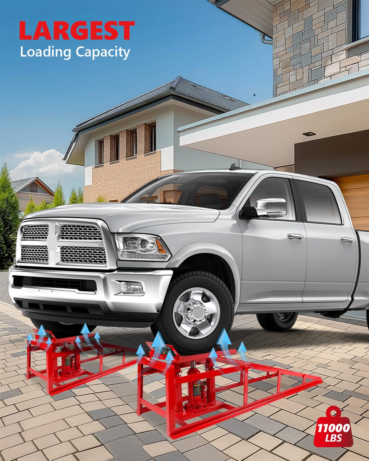 Garvee Hydraulic Car Ramps - 5T Capacity, Adjustable Height (9.3"-14"), Steel with Anti-Slip Plate, Ring Chain Bolt for Cars, SUVs, and Light Trucks, Red