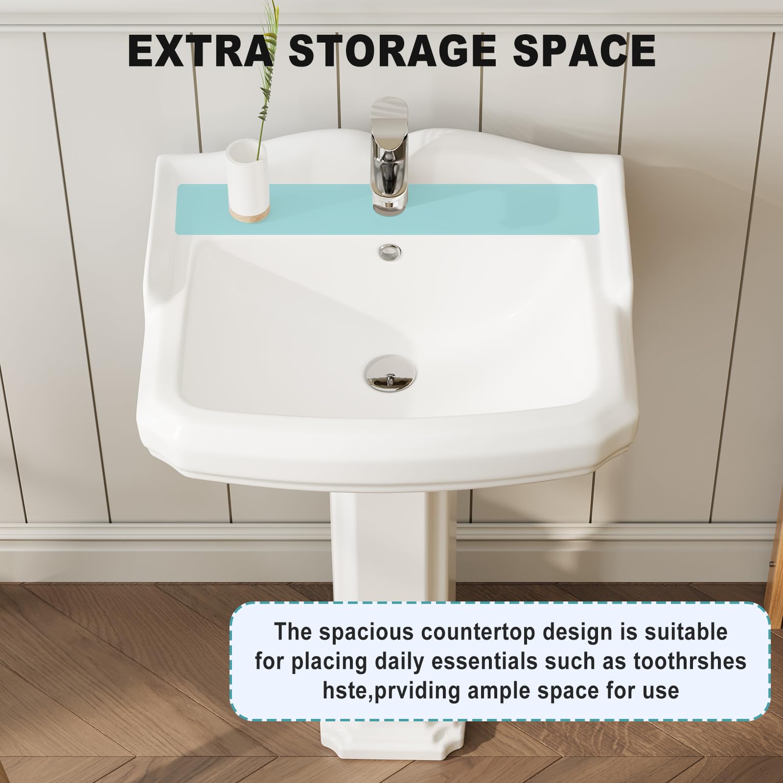 Garvee Vintage Bathroom Pedestal Sink, 19"L x 23" W Retro White Bathroom Sink With Overflow Hole, Freestanding Ceramic Sink With Single Hole