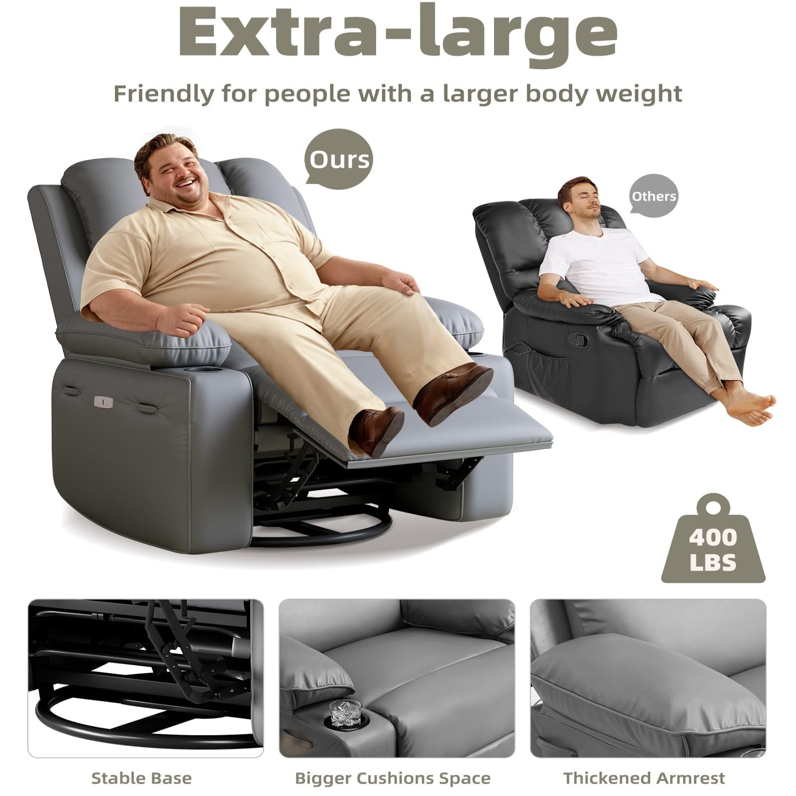 Garvee Oversized 27" Recliner Chairs with Heat and Massage, 360° Swivel Lazy Boy Recliner Chair for Adults, Manual Rocking Chair with Cup Holder for Living Rooms, Bedrooms and Nurseries, Gray