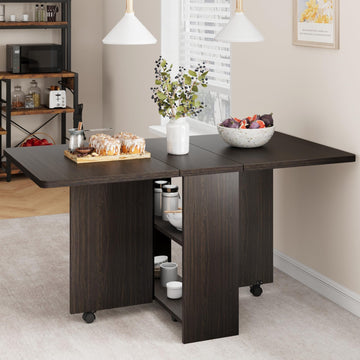Garvee 51.1" Folding Dining Table, Drop Leaf Dining Table for 4, Foldable Kitchen Table with 2 Storage Shelf, 6 Wheels, Movable Space Saving Dining Tables for Small Spaces, Dark Walnut, Large