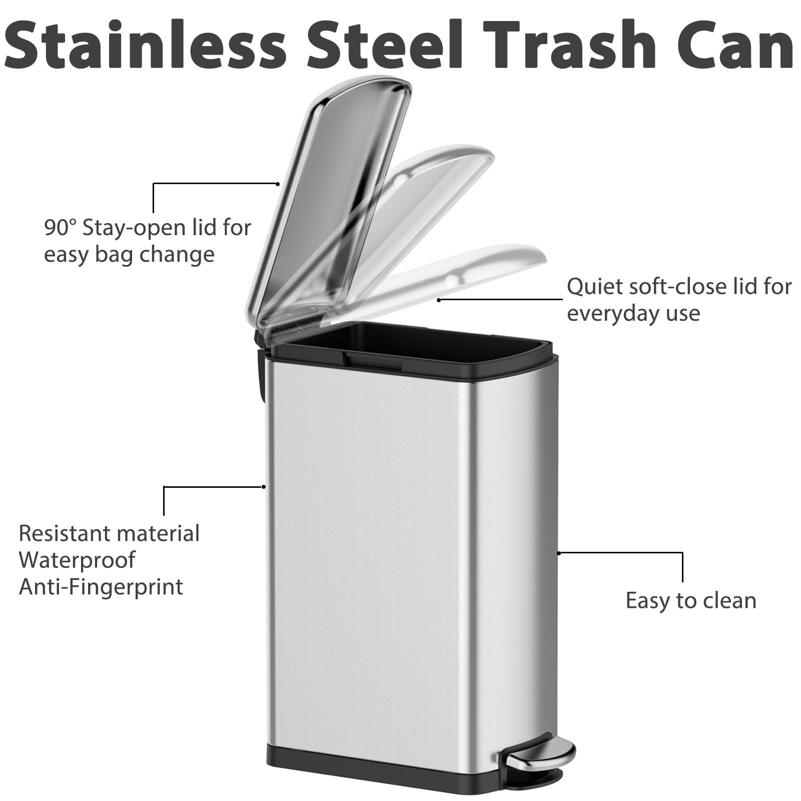 Trash Can Set, 7.9 Gallon & 1.6 Gallon Rectangular Kitchen Waste Bins, Stainless Steel with Soft-Close Lid & Step-On Pedal, 30L & 6L for Kitchen & Bathroom