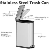 Trash Can Set, 7.9 Gallon & 1.6 Gallon Rectangular Kitchen Waste Bins, Stainless Steel with Soft-Close Lid & Step-On Pedal, 30L & 6L for Kitchen & Bathroom