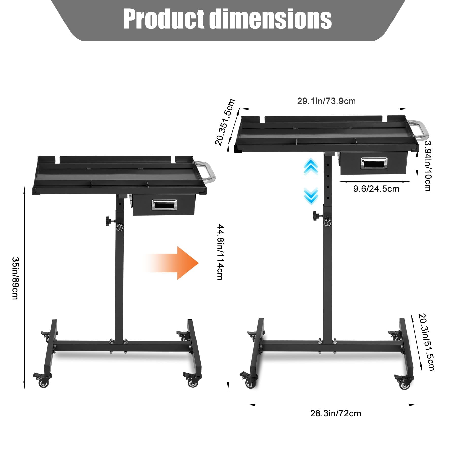 Garvee Rolling Work Table, Heavy Duty Steel Adjustable Mobile Workbench with Wheels, 35-45" Height, for Garage & Workshop, Black