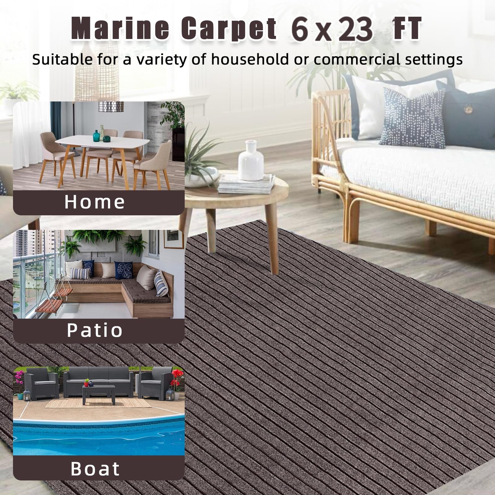 Garvee 6' × 23' Stripe Brown Marine Carpet, Waterproof Indoor/Outdoor Rug with TPR Non-Slip Backing for Boat, Patio Deck, Camping, and Outdoor Use