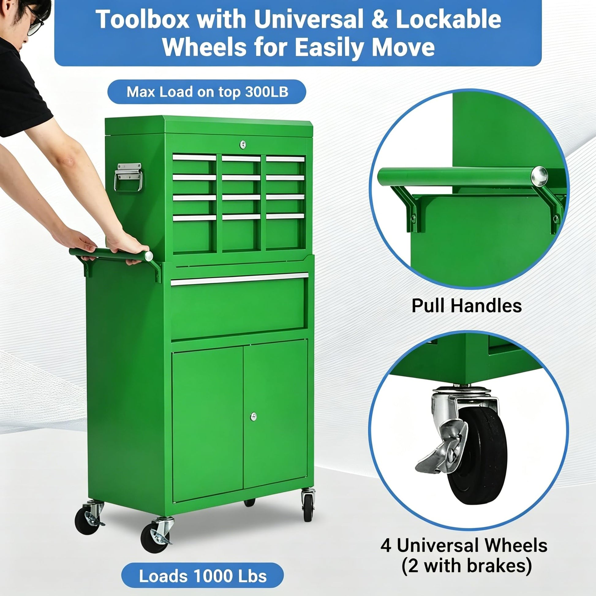 Garvee 20 Inch Heavy-Duty Tool Chest with 5 Drawers, Rolling Tool Box Cabinet on Wheels, 2-in-1 Detachable Tool Storage Organizer for Garage, Workshop, and Home Improvement, Locking Steel Tool Cart with Top Tool Box, Green