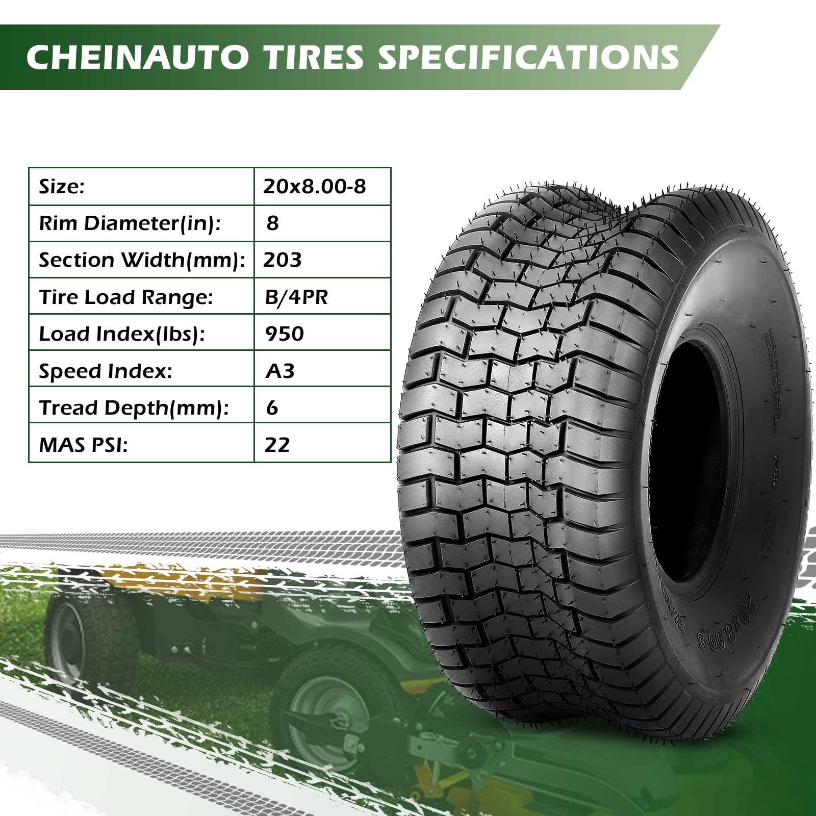 Garvee 20x8.00-8 Mower Tire 2Pcs for Garden Tractors & Riding Mowers