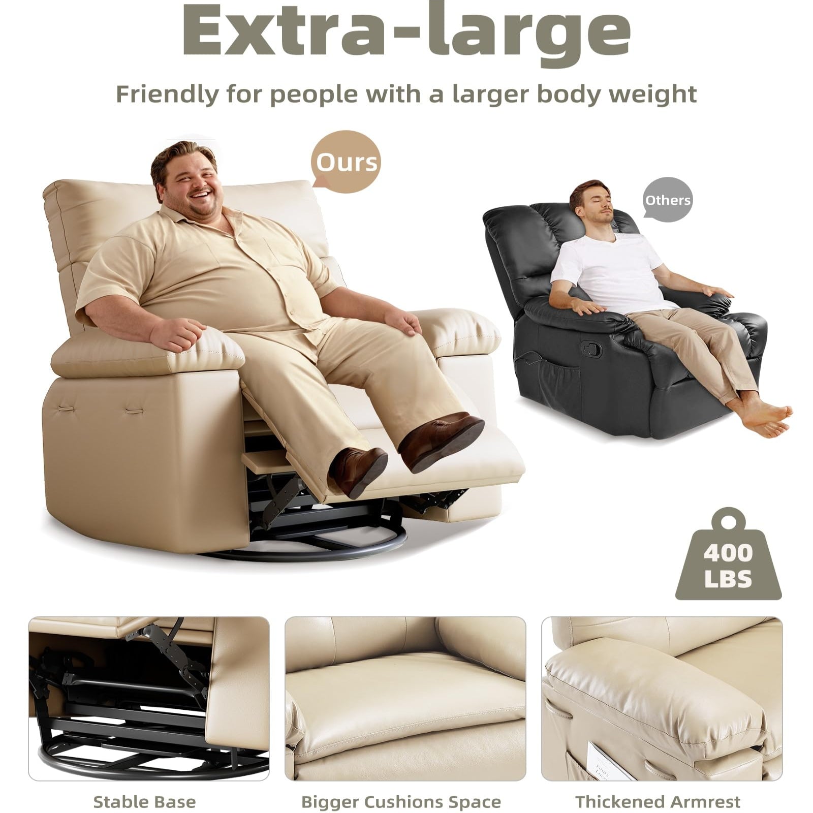 Garvee Oversized Wide Rocker Swivel Recliner Chair - PU Leather Large Manual Recliner for Adults, Ultimate Comfort Lazy Boy with 1.5X Sponge Filling and Easy Recline Mechanism for Relaxation