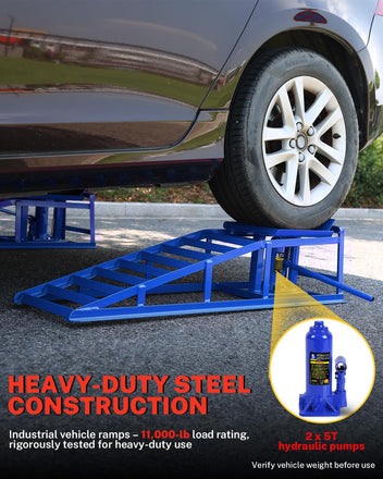 Garvee Hydraulic Car Ramps - 5T/11,000 lbs Heavy-Duty Steel, Adjustable Height 9.3"-14", Low-Profile, Anti-Slip Design for Garage Repair, 2 Pack, Blue