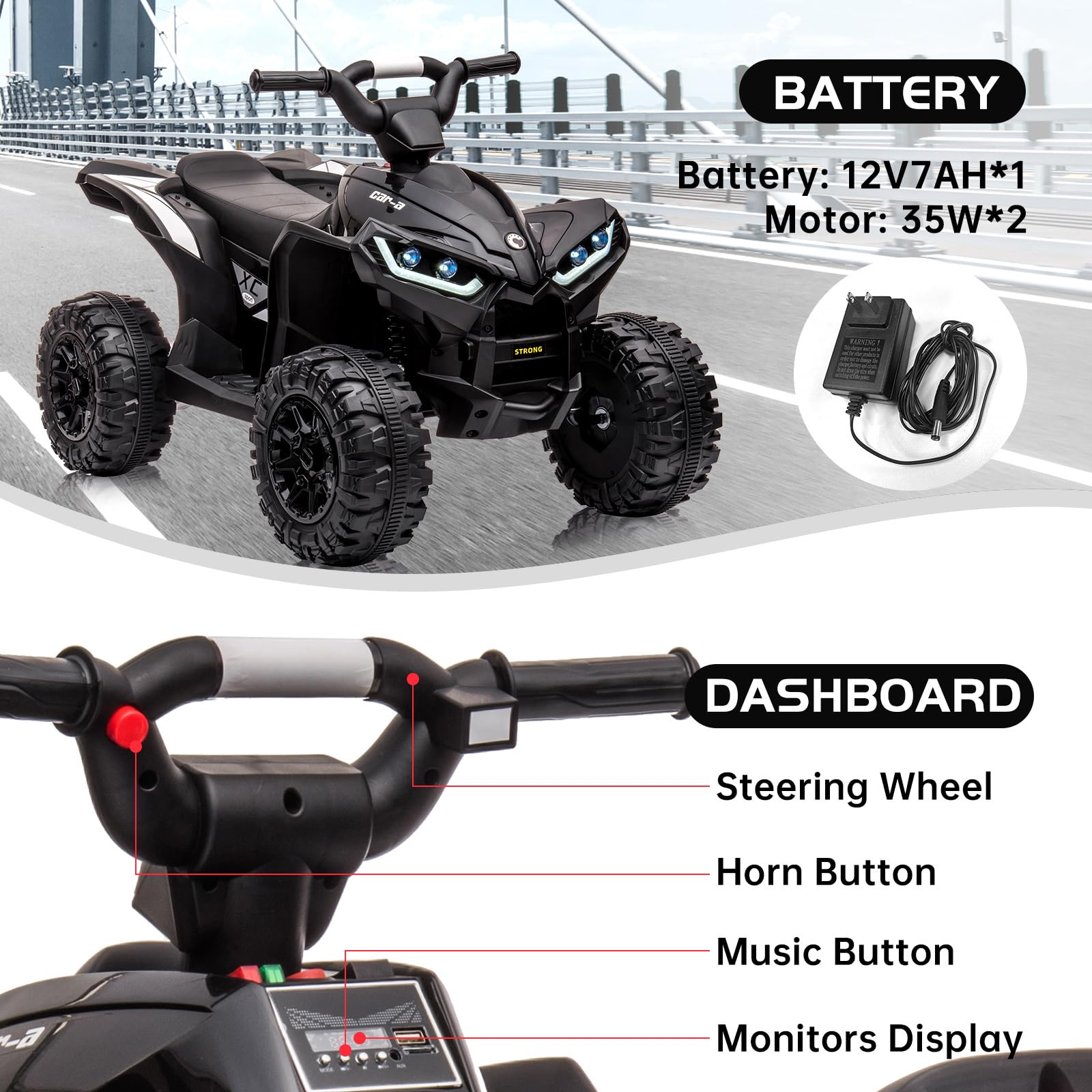 Garvee Ride - P Series: 12V Kids Quad ATV 4 Wheeler, Music, LED Lights, Battery Powered Ride On Toy for Boys Girls, Outdoor Adventure Vehicle Black