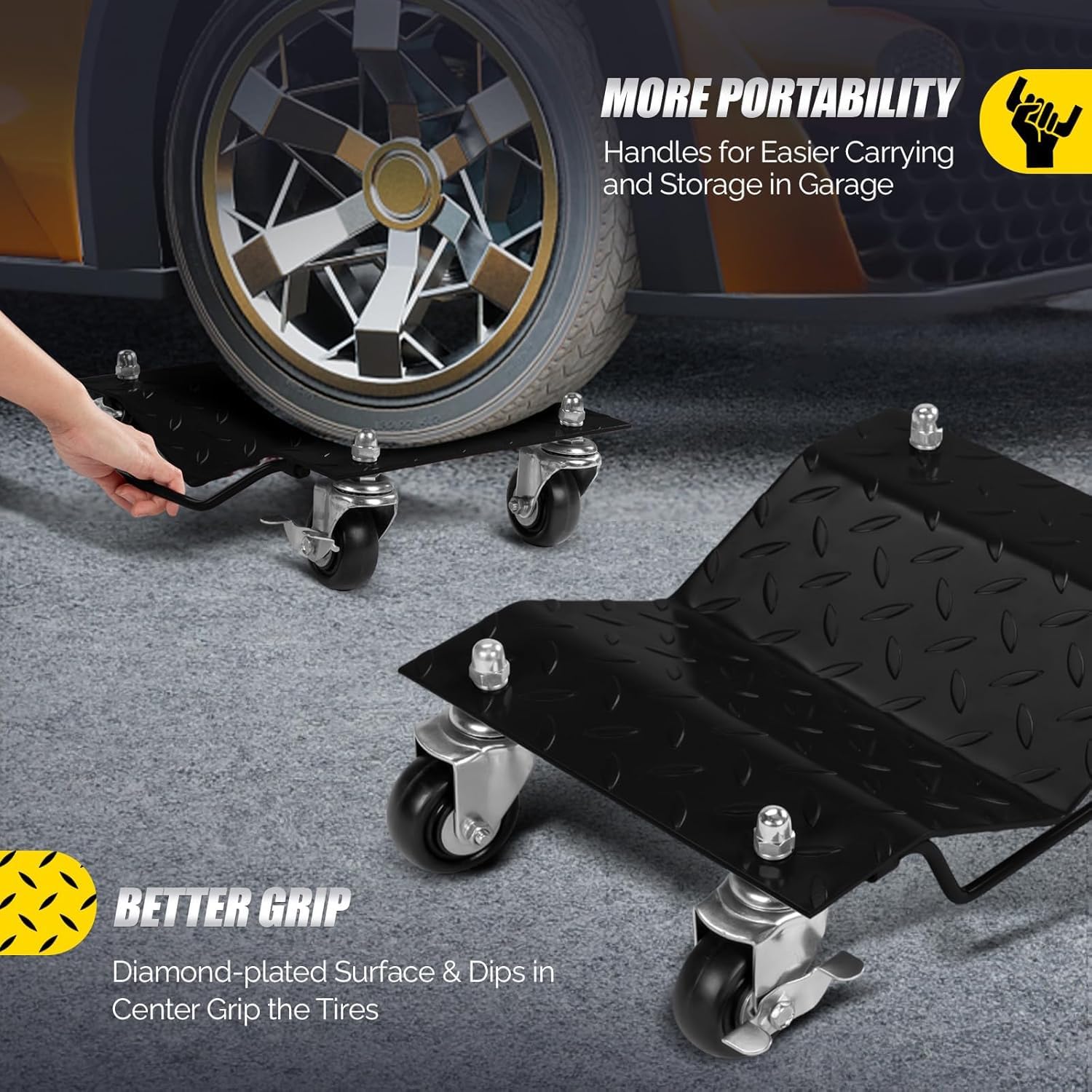 Garvee Car Dolly Set of 2, 3000LBS Capacity Wheel Dolly, Heavy Duty Vehicle Dolly Upgraded, Steel Tire Skates with Brakes, 2pcs