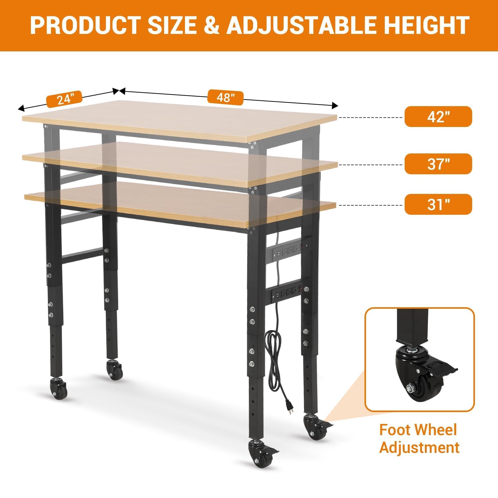 Garvee 48x24 Inch Adjustable Workbench - Heavy-Duty Work Table with Wheels, 5 Power Outlets, 2500 lbs Capacity, Metal Frame, and Wood Top for Garage, Home, and Office