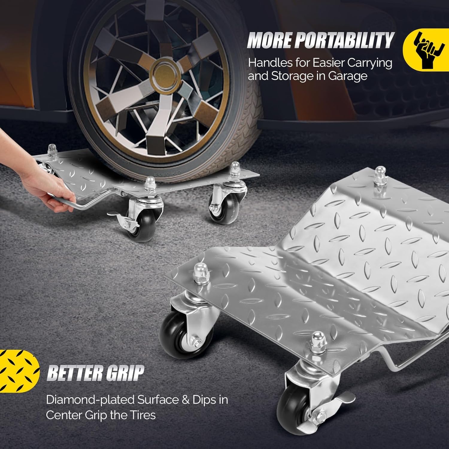 Garvee 2 Items 4 Tire Wheel Dolly Car, Premium Manganese Steel, 3000 Lbs Capacity, Heavy Duty, Antiskid & Recessed Design, 360° Rotatable Wheels, Silver