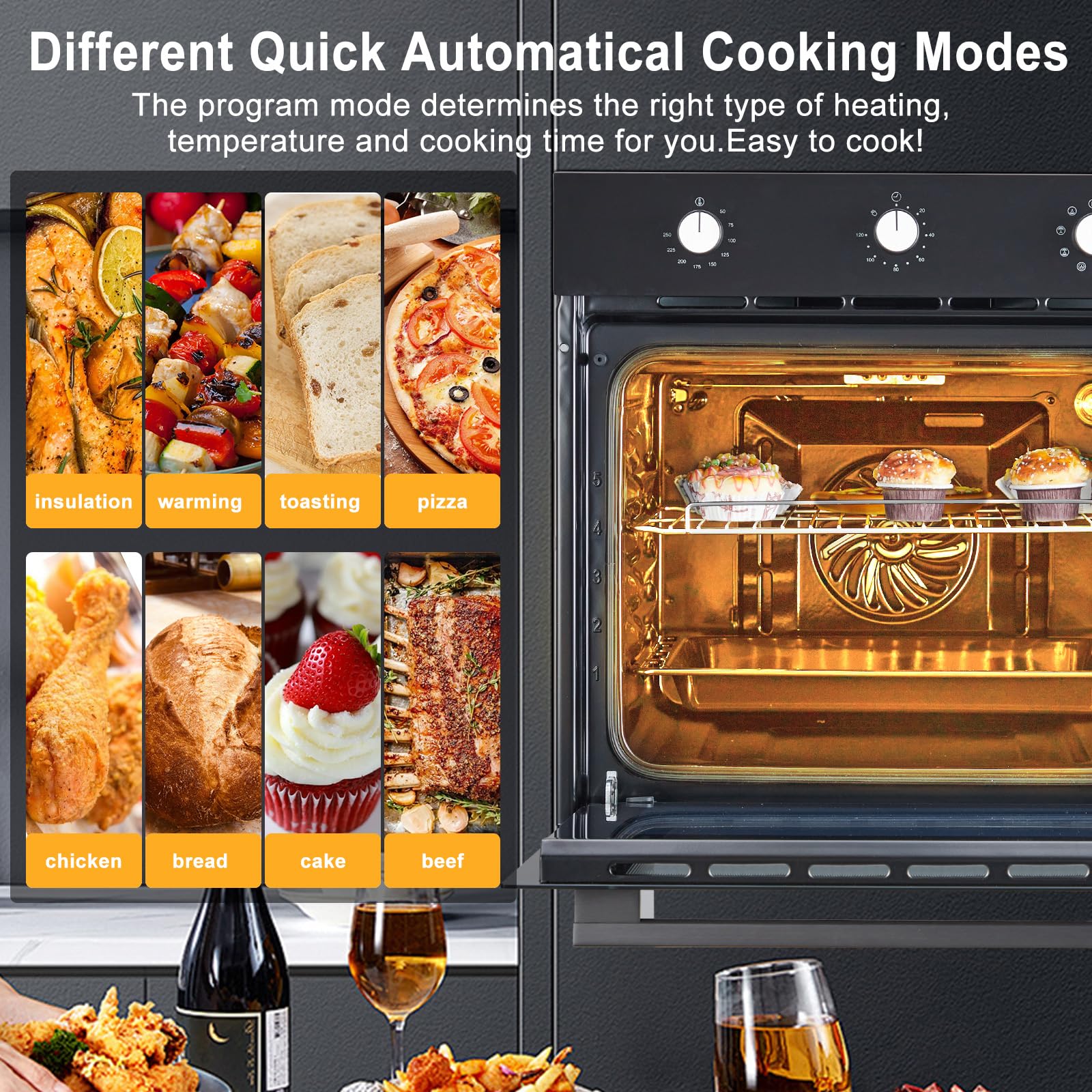 Garvee 24 Inch 70L Single Wall Oven with 5 Modes, 3000W Built-In Wall Oven with 25 Cu.Ft. Capacity, Mechanical Knobs