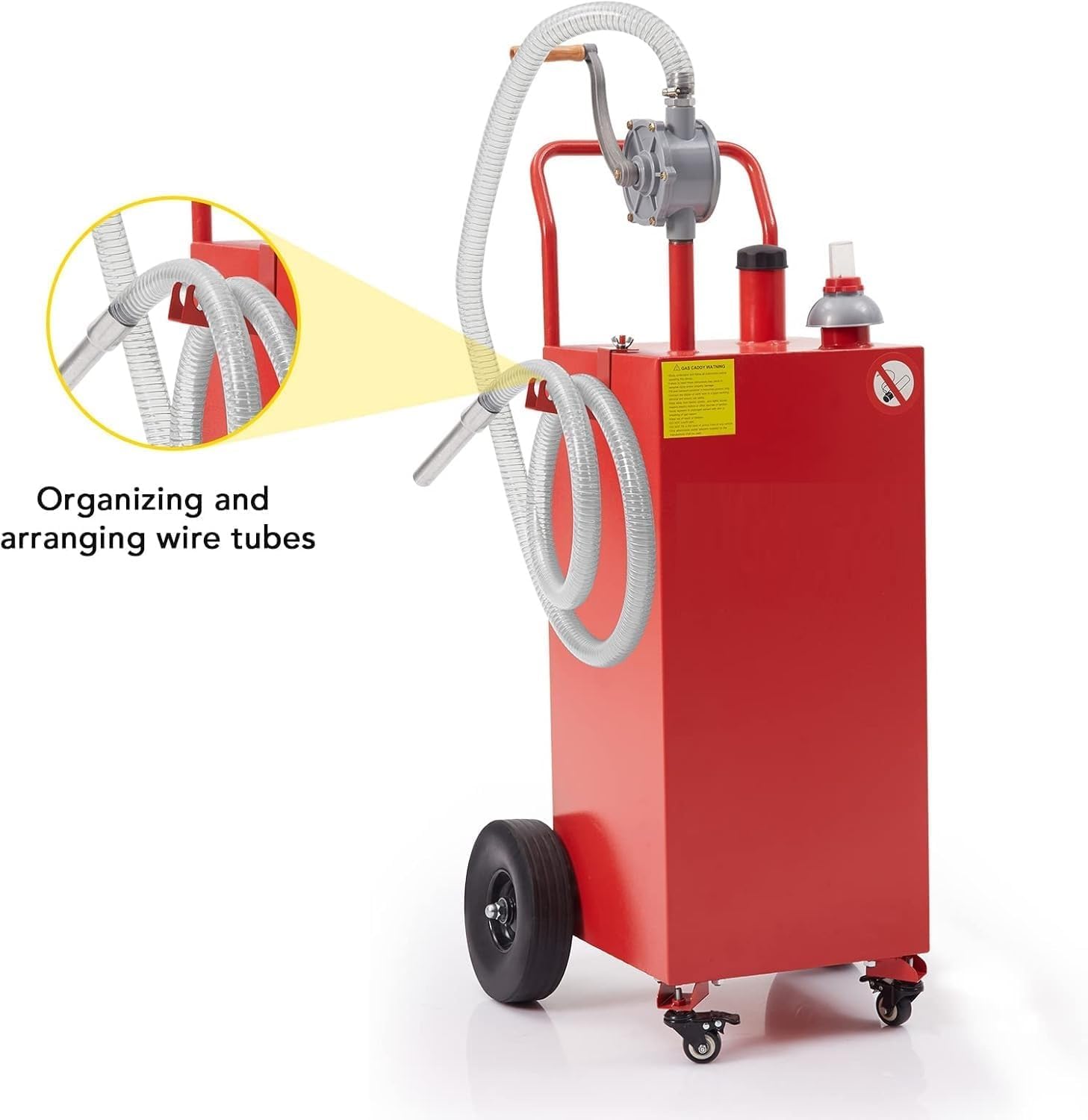 Garvee 30 Gallon Fuel Gas Caddy with 8 Inch Wheels Siphon Pump, Manual Nozzle 360° Swivel Connector, Portable for Car Mower Tractor Boat Motorcycle, Red