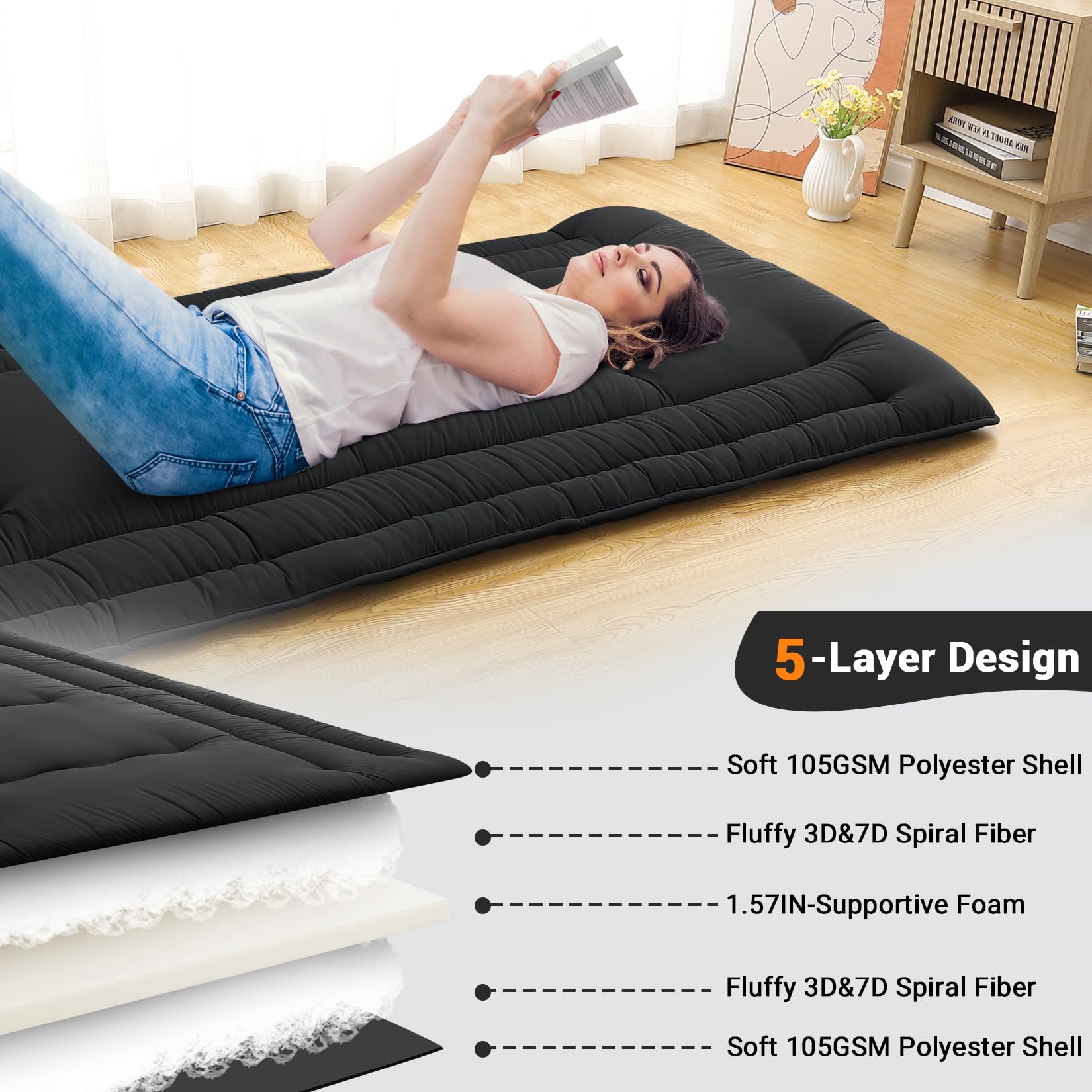 Garvee Futon Mattress Twin Size, Japanese Floor Mattress Foldable Sleeping Mattress, Roll Up Floor Bed Mattress for Easy Storage, Tatami Mat Japanese Floor Bed for Dorm Camping, Black
