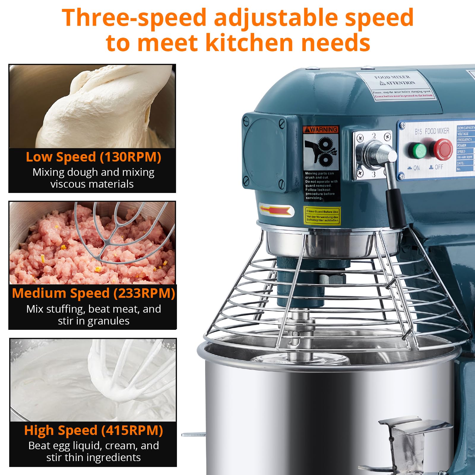 Garvee 15QT Commercial Food Mixer, Professional Large Stand Mixer With 3-Speed Adjustable, Heavy Duty Electric Dough Mixer for Restaurant Industrial Grade, Steel Bowl, Dough Hooks