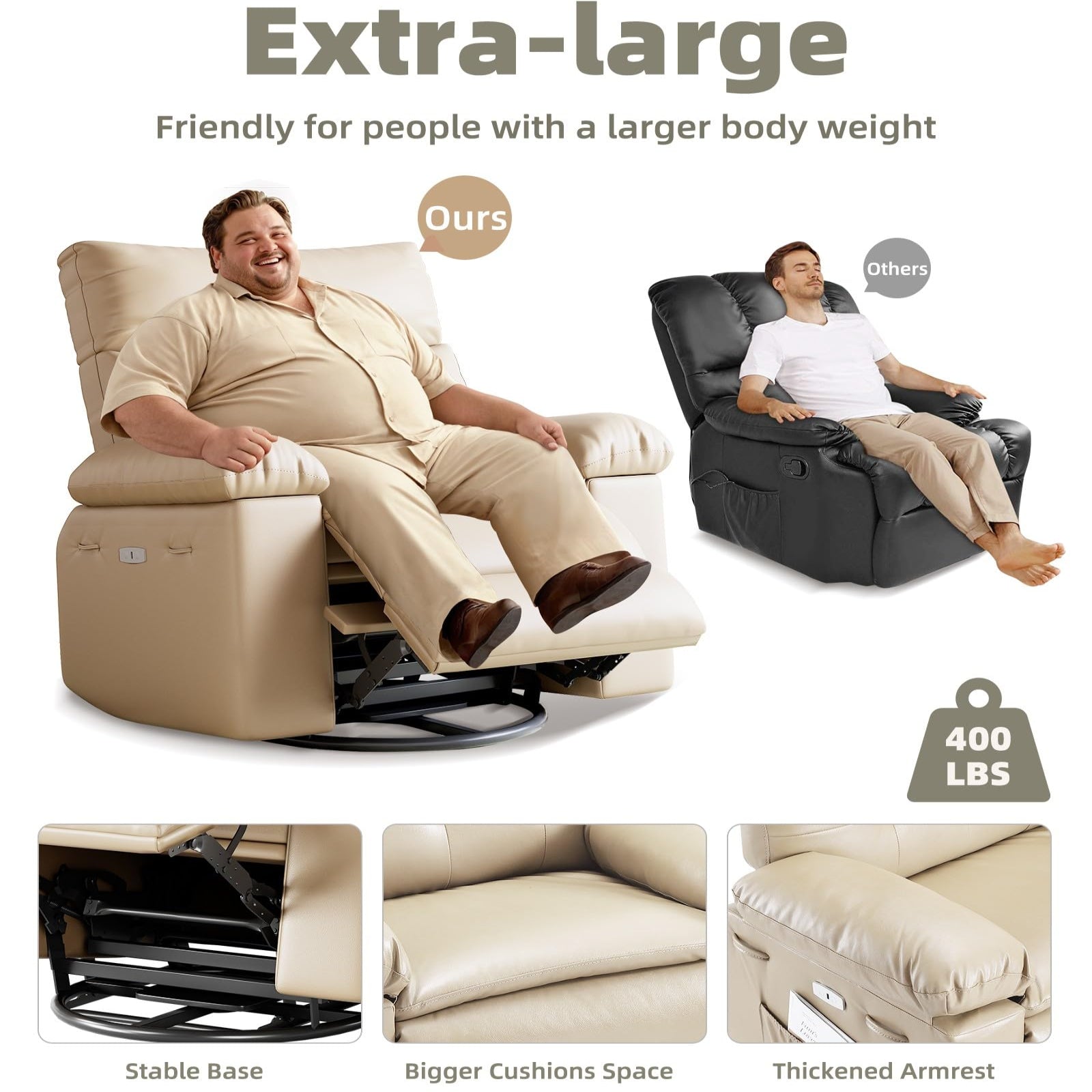 Garvee 22" Widen Rocker Swivel Recliner Chair, Lazy Boy for Adults, with Vibrating Massage and Heating, 1.5X Sponge Filling, Side Pocket, for Living Room, Bedroom, and Nursery