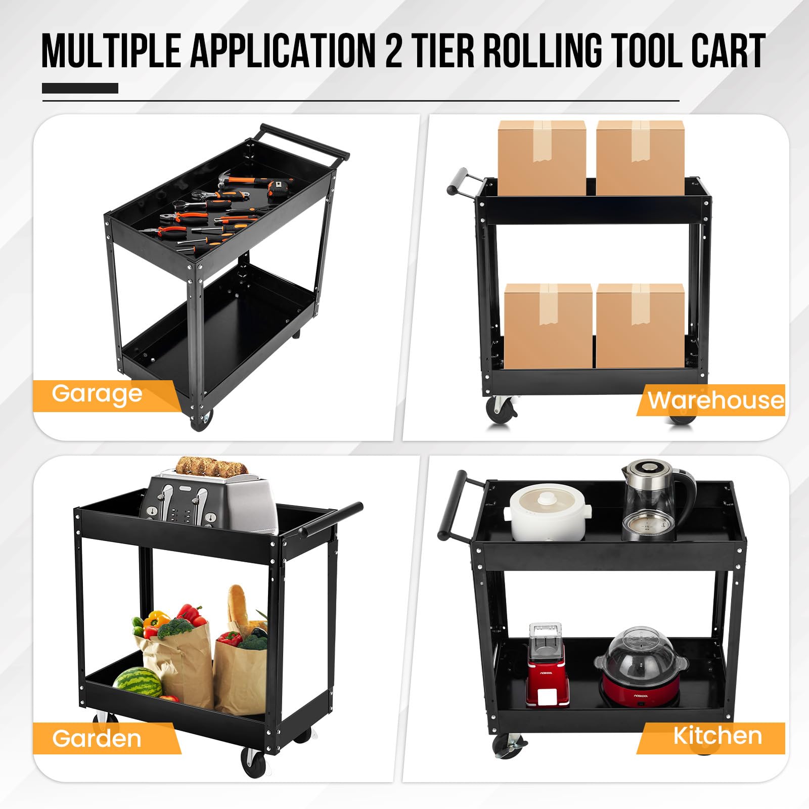 Garvee 2 Tier Rolling Tool Cart,330 Lbs Metal Heavy Duty Utility Cart On Wheels,2 Shelf Steel Utility Cart, Tool Storage Organizer for Mechanic, Garage, Workshop, Warehouse & Repair Shop