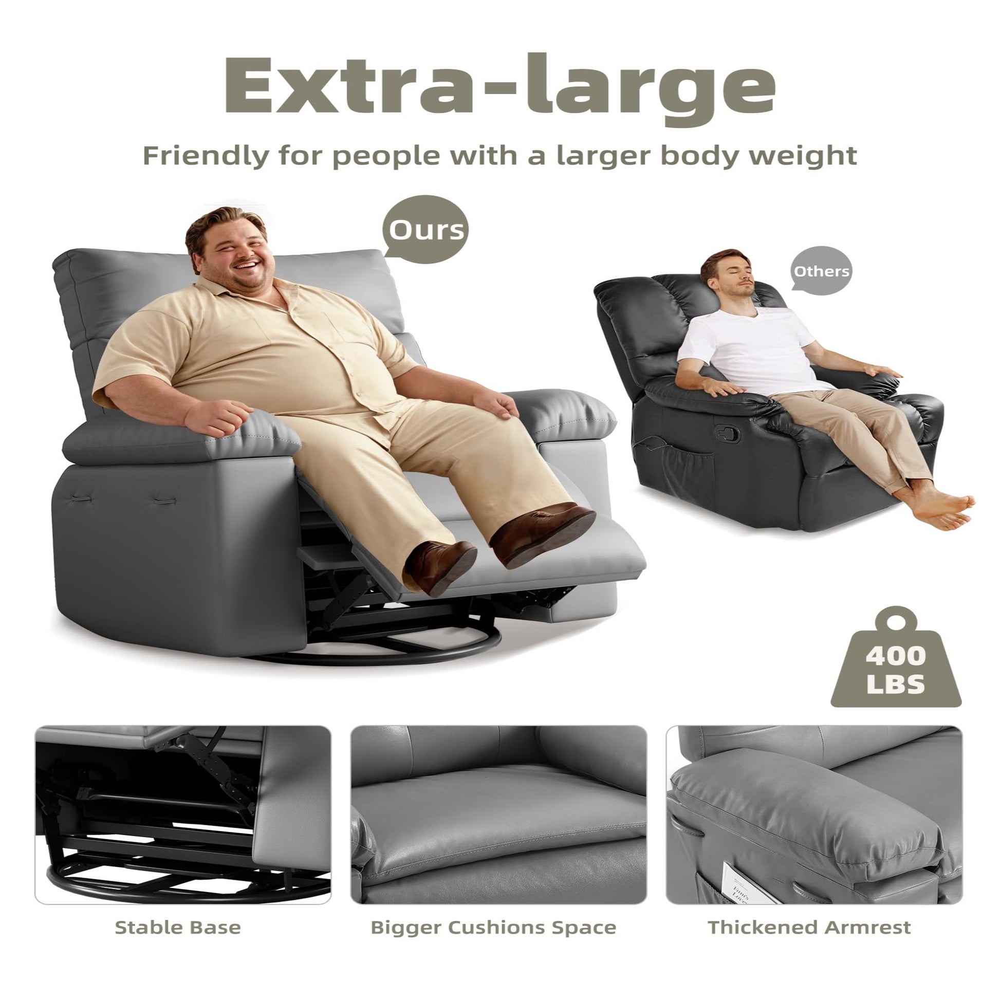 Garvee Oversized Recliner Chairs with Heat and Massage - 360° Swivel Lazy Boy Recliner Chair for Adults- Manual Rocking Chair with Cup Holder for Living Rooms, Bedrooms, and Nurseries - Grey