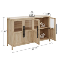 Garvee Sideboard Buffet Cabinet with 4 Glass Doors, 55" Large Buffet Cabinet with Storage, Modern Farmhouse Storage Cabinet Table for Kitchen Dining Room, Living Room, Natural