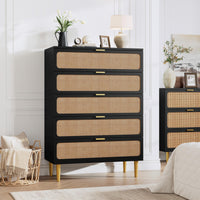 Garvee 5 Drawer Dresser for Bedroom, Rattan Chest of Drawers with Deep Drawers, Large Modern Double Dresser for Closet with Wide Top, Horizontal Wooden Dresser for Living Room, Hallway, Kids Room, Black