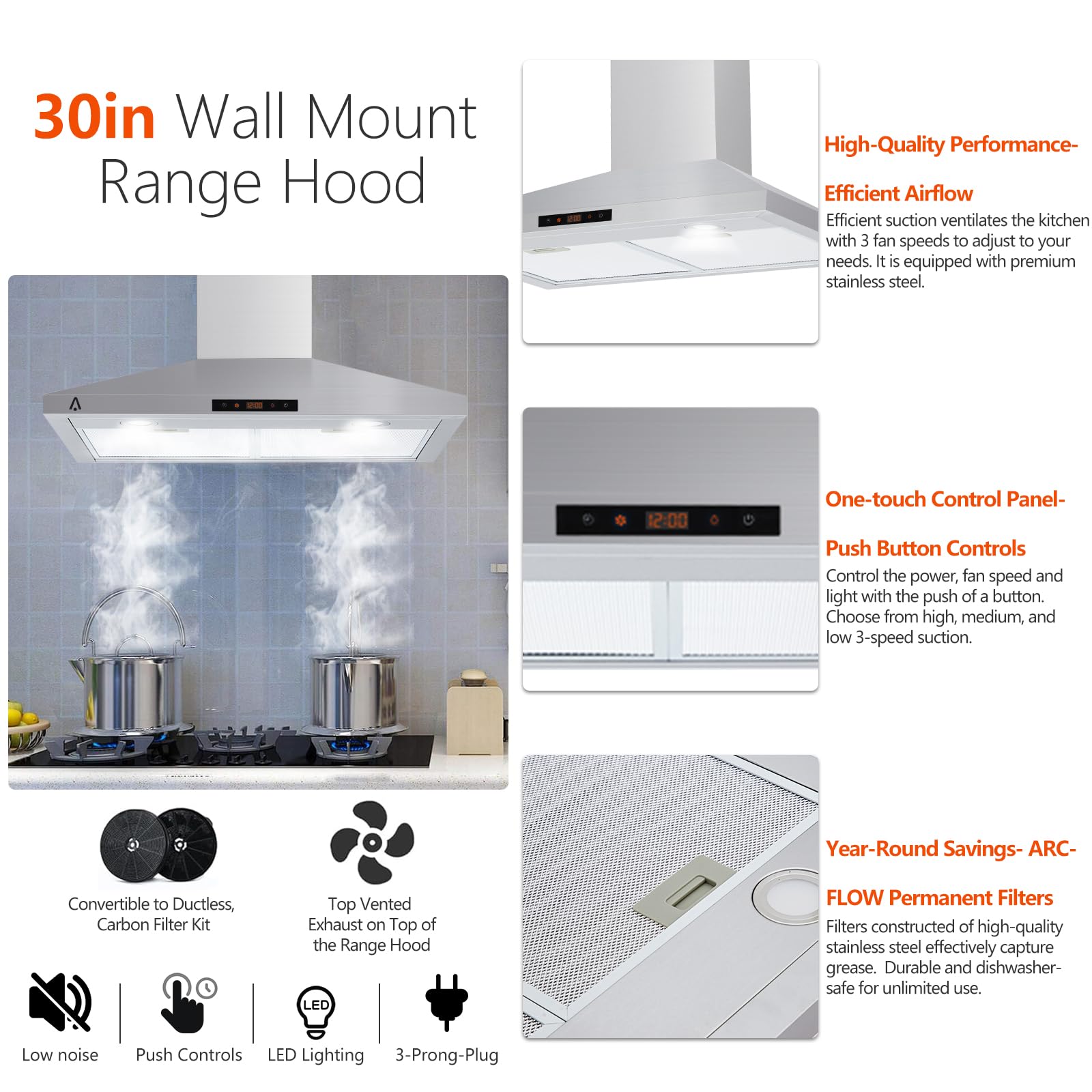 Garvee 30 Inch Wall Mount Range Hood 265 CFM, Touch Control, LED