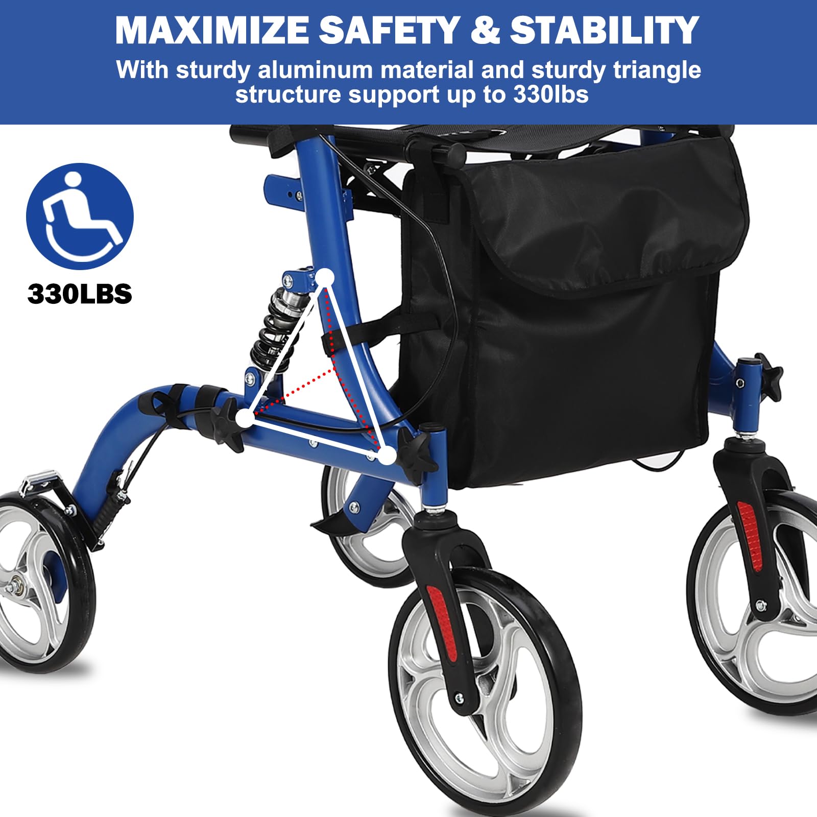 Garvee Rollator Walker for Seniors with Seat & Storage Bag, Shock Absorber, 10" & 8" All-Terrain Rubber Wheels, Lightweight Aluminum Foldable Walker with Backrest, Adjustable Height 34-40", Blue