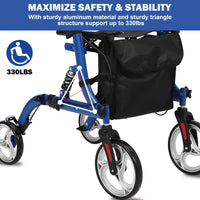 Garvee Rollator Walker for Seniors with Seat & Storage Bag, Shock Absorber, 10" & 8" All-Terrain Rubber Wheels, Lightweight Aluminum Foldable Walker with Backrest, Adjustable Height 34-40", Blue