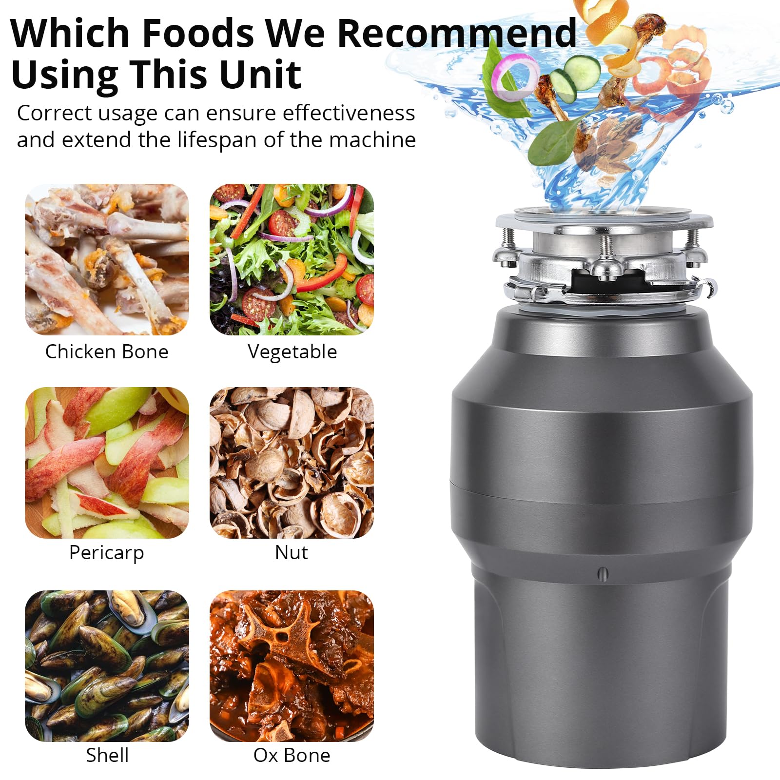 Garvee 1/2HP Garbage Disposal, 380W 110V Food Waste Grinding System for Kitchen Sinks, Continuous Feed Food Waste Disposer With 14 Inch Power Cord, 3500r/Min, wirelee Switches
