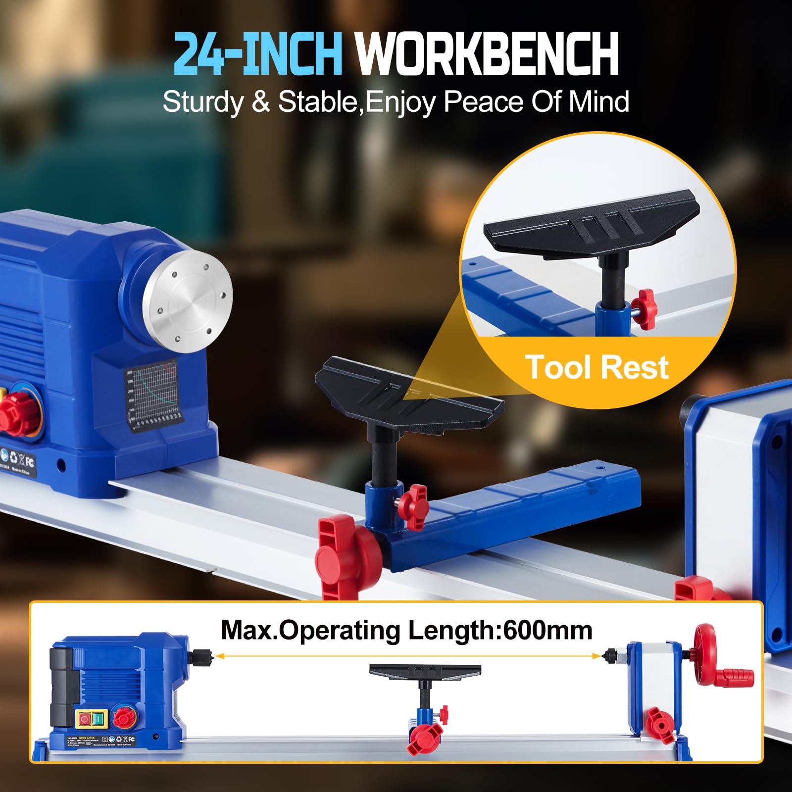 Garvee Wood Lathe, 10" x 24" Benchtop Wood Lathe Machine 0.8 HP 600W Infinitely Variable Speed 800-3000 RPM, Wood Turning Lathe Machine with Wrench & 2 Chisels for Woodworking, Woodturning