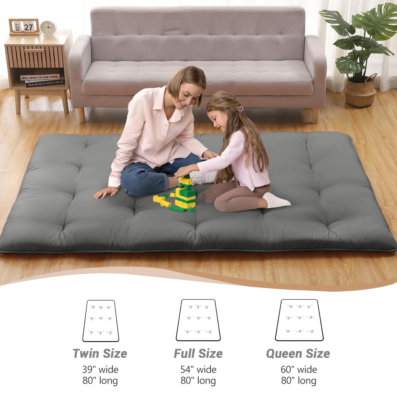 Garvee Futon Mattress, Japanese Floor Mattress Full Size Floor Mat for Sleeping Adult Size, Foldable Tatami Mattress Roll Up Floor Bed Mattress for House Guest Camping Dorm, Dark Grey