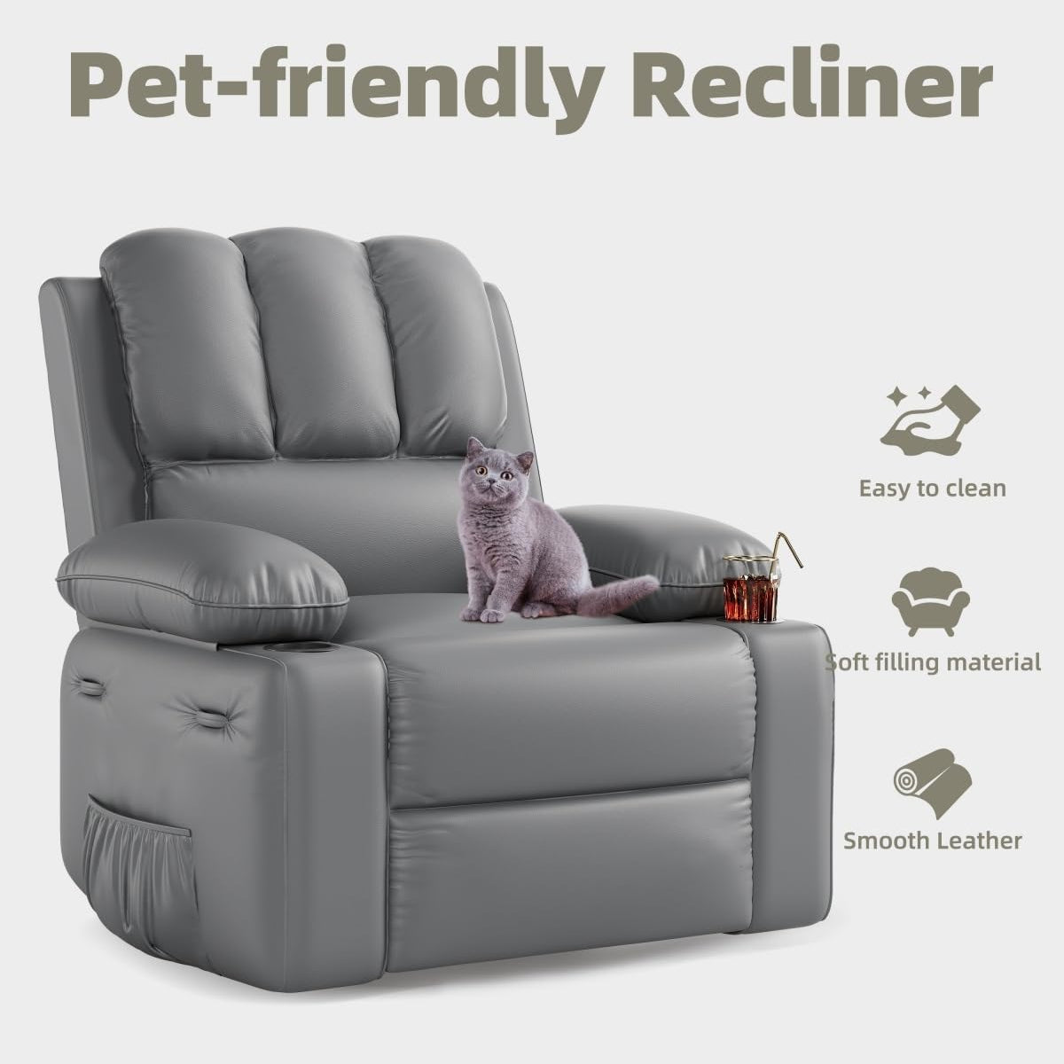 Garvee 22" Widen Rocker Swivel Recliner Chair, Lazy Boy Recliner for Adults, with 1.5X Sponge Filling, Side Pocket, and Cup Holder, for Living Room, Bedroom, and Nursery, Grey