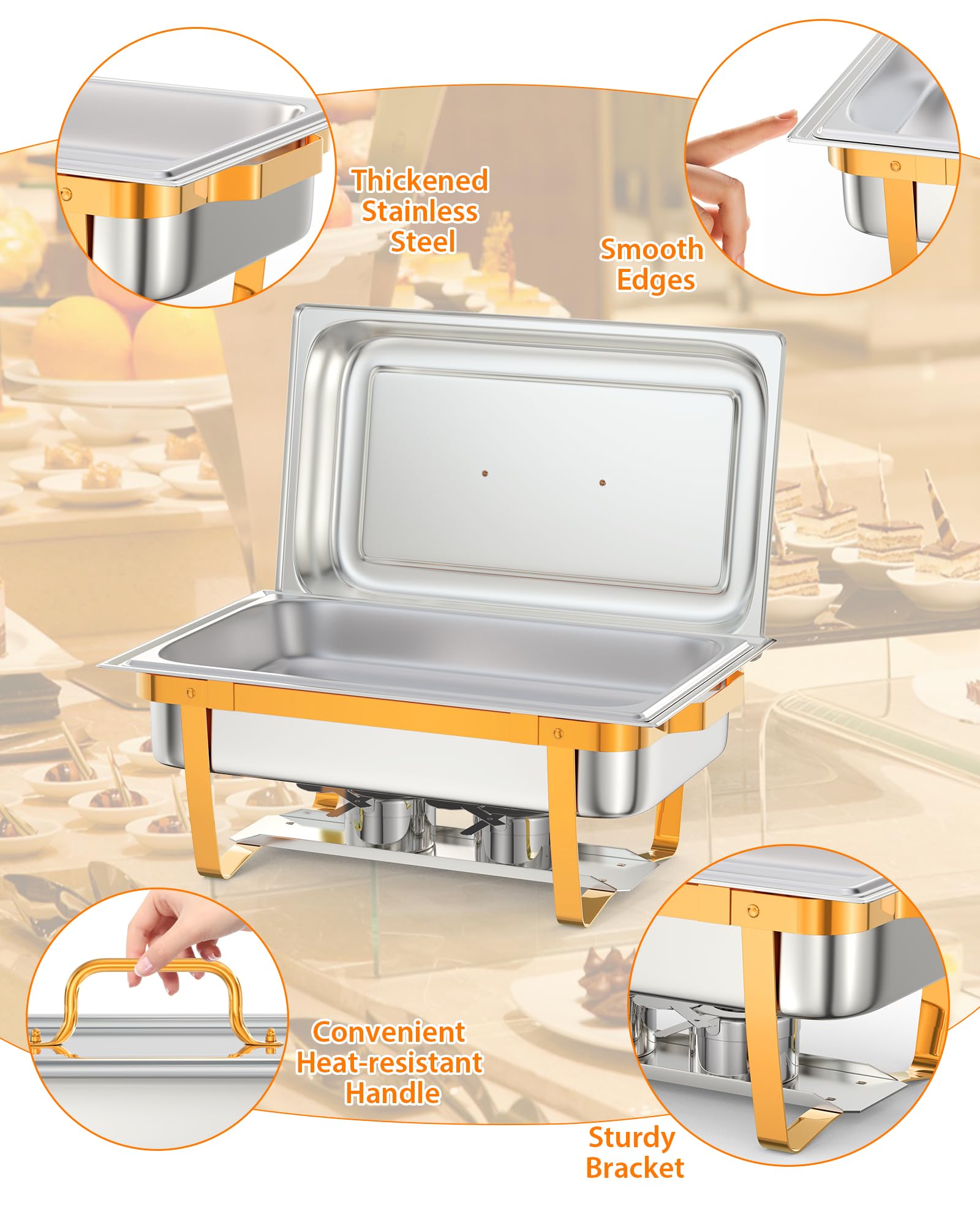 Garvee 8QT Chafing Dish Buffet Set (6-Pack) - Foldable Food Warmers with Spoons & Tweezers for Weddings, Parties, Banquets, and Catering Events (Gold)