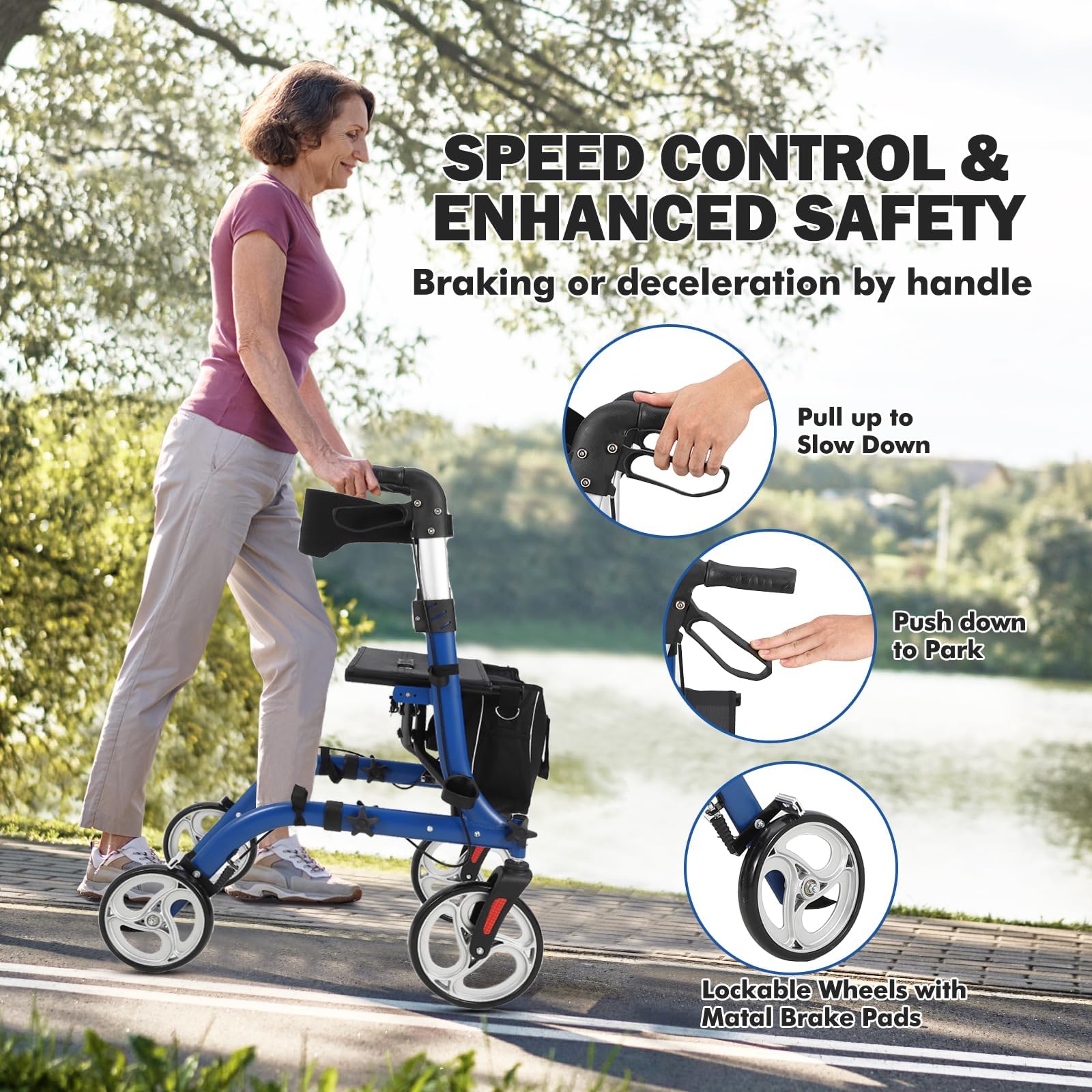 Garvee 2-in-1 Folding Walker & Transport Chair, 300lbs Capacity All-Terrain Rollator with Dual Brake System & Storage Bag, Lightweight Aluminum Frame for Seniors, Shopping, Outdoor Usea
