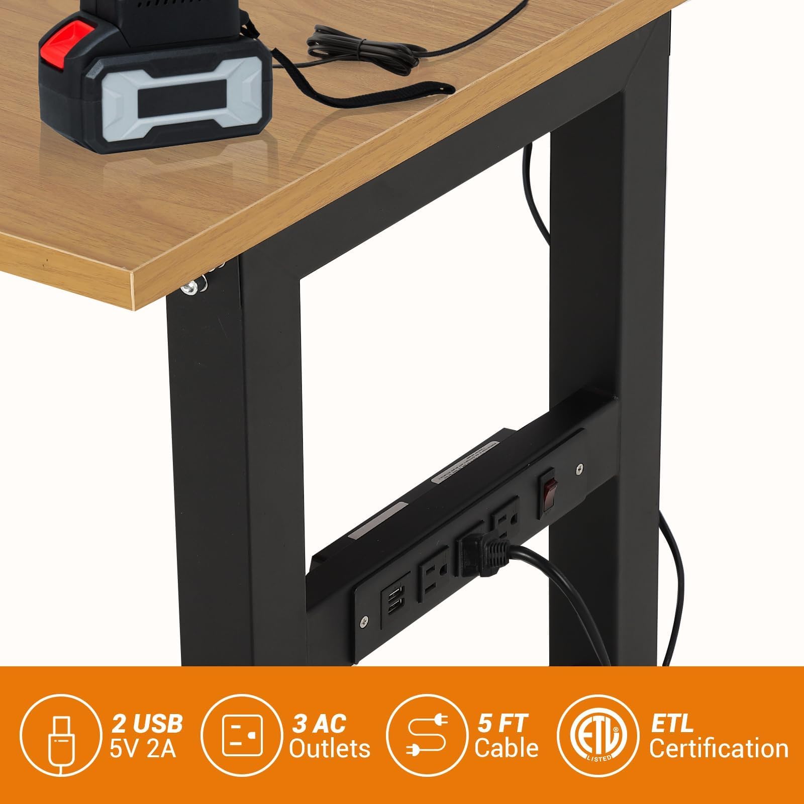 Garvee 48x24 Inch Adjustable Workbench - Heavy-Duty Work Table with Wheels, 5 Power Outlets, 2500 lbs Capacity, Metal Frame, and Wood Top for Garage, Home, and Office