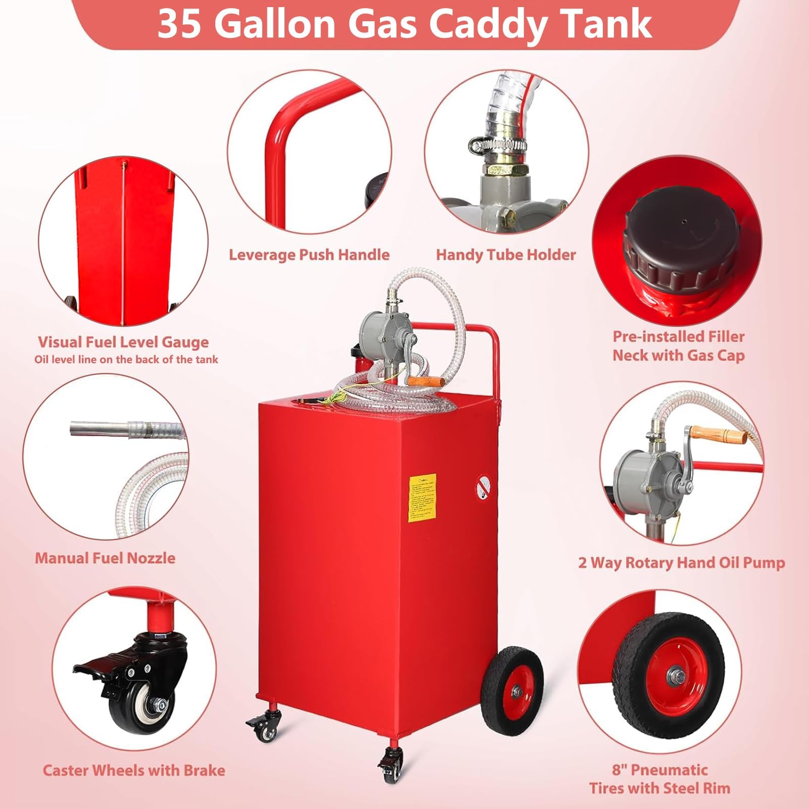 Garvee 35-Gallon Fuel Caddy - Manual Transfer Pump with 8ft hose Fueling Nozzle and 360° Swivel Connector, 4-Wheel Design for Gasoline and Diesel, Ideal for Cars, Lawn Mowers, and Boats, Red