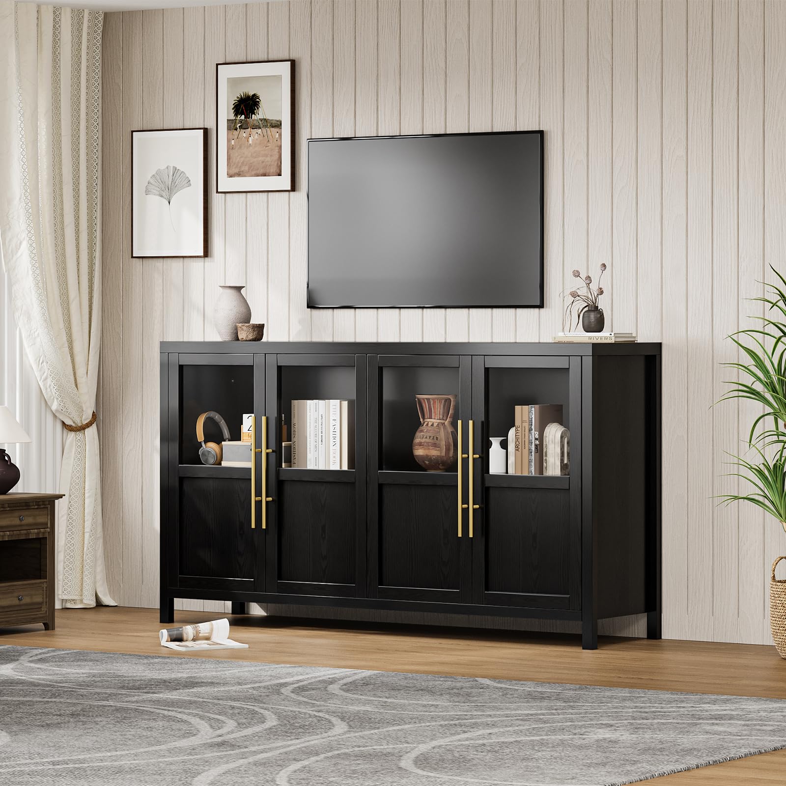 Garvee Sideboard Buffet Cabinet with 4 Glass Doors, 55" Large Buffet Cabinet with Storage, Modern Farmhouse Storage Cabinet Table for Kitchen Dining Room, Living Room, Black