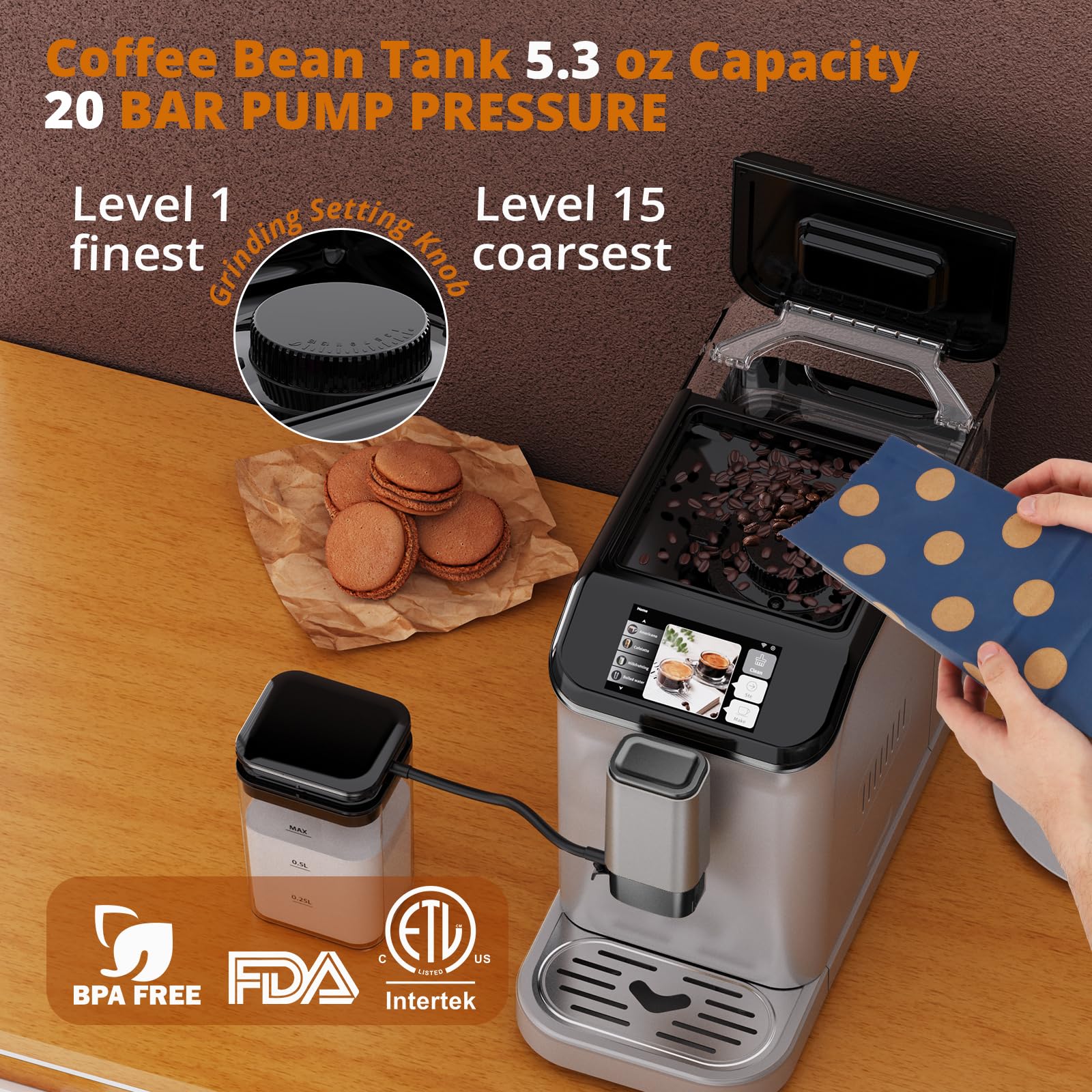 Garvee Fully Auto Espresso Machine - One - Touch, LCD Touch Control Panel，20 - Bar, Auto Milk Froth, Dual Boiler, Compact, Gun Color