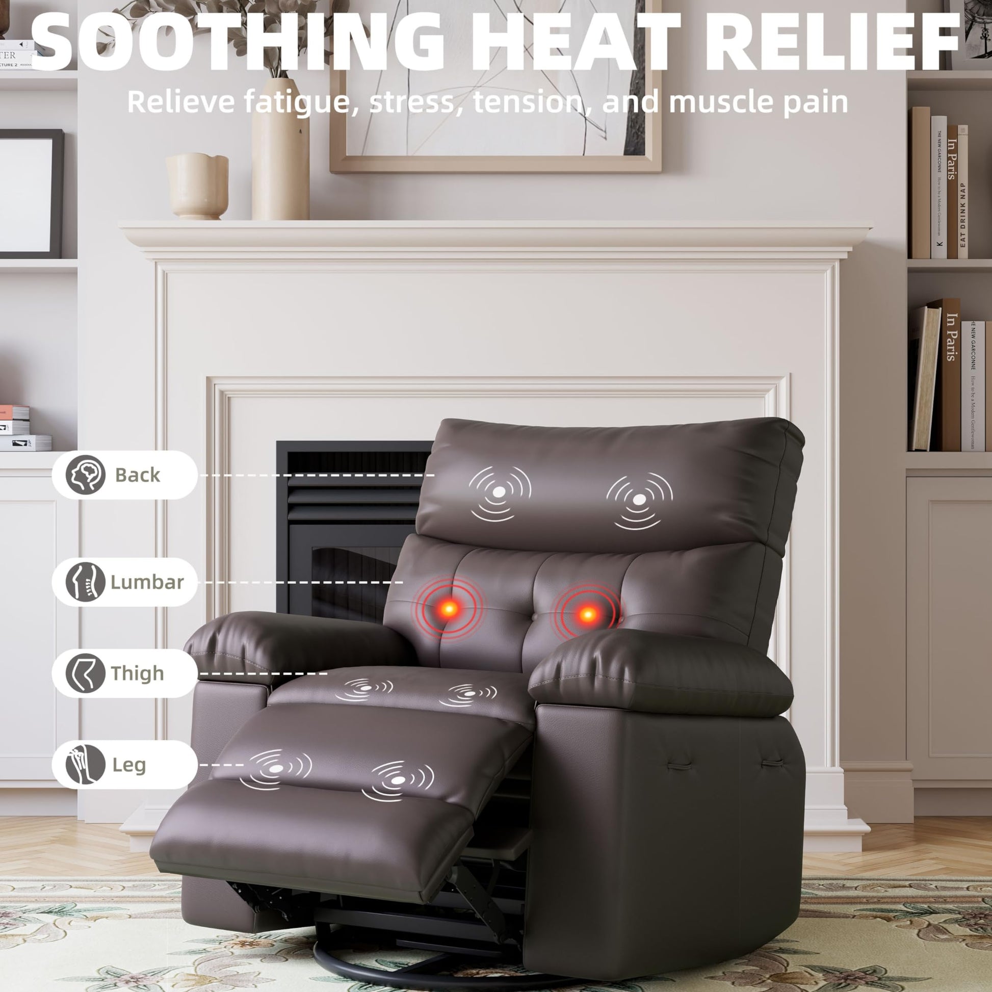 Garvee 22" Widen Rocker Swivel Recliner Chair, Lazy Boy for Adults, with Vibrating Massage and Heating, 1.5X Sponge Filling, Side Pocket, for Living Room, Bedroom, and Nursery