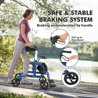 Garvee All-Terrain 2-in-1 Folding Walker & Transport Chair with Rest Seat, Adjustable Handlebars, Dual Brake System, Storage Bag for Seniors, Shopping, Outdoor Use, 300lbs Capacity, Blue