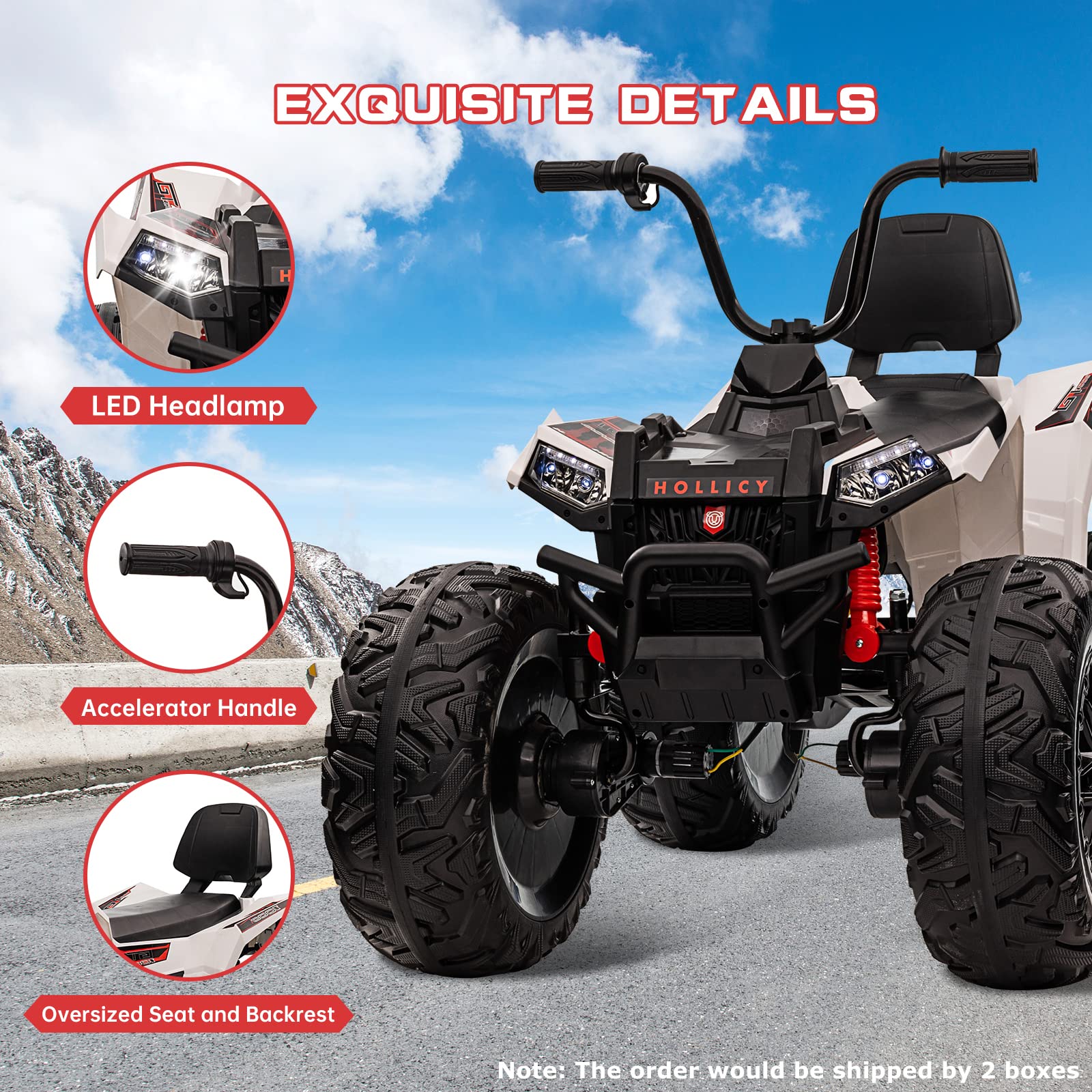 Garvee Ride - P Series: 24V Kids Quad ATV, Ride on Car 4WD Quad Electric Vehicle, 4x80W Powerful Engine, with 7AHx2 Large Battery, Accelerator Handle, EVA Tire, Full Metal Suspension, LED Light, Bluetooth&Music - White