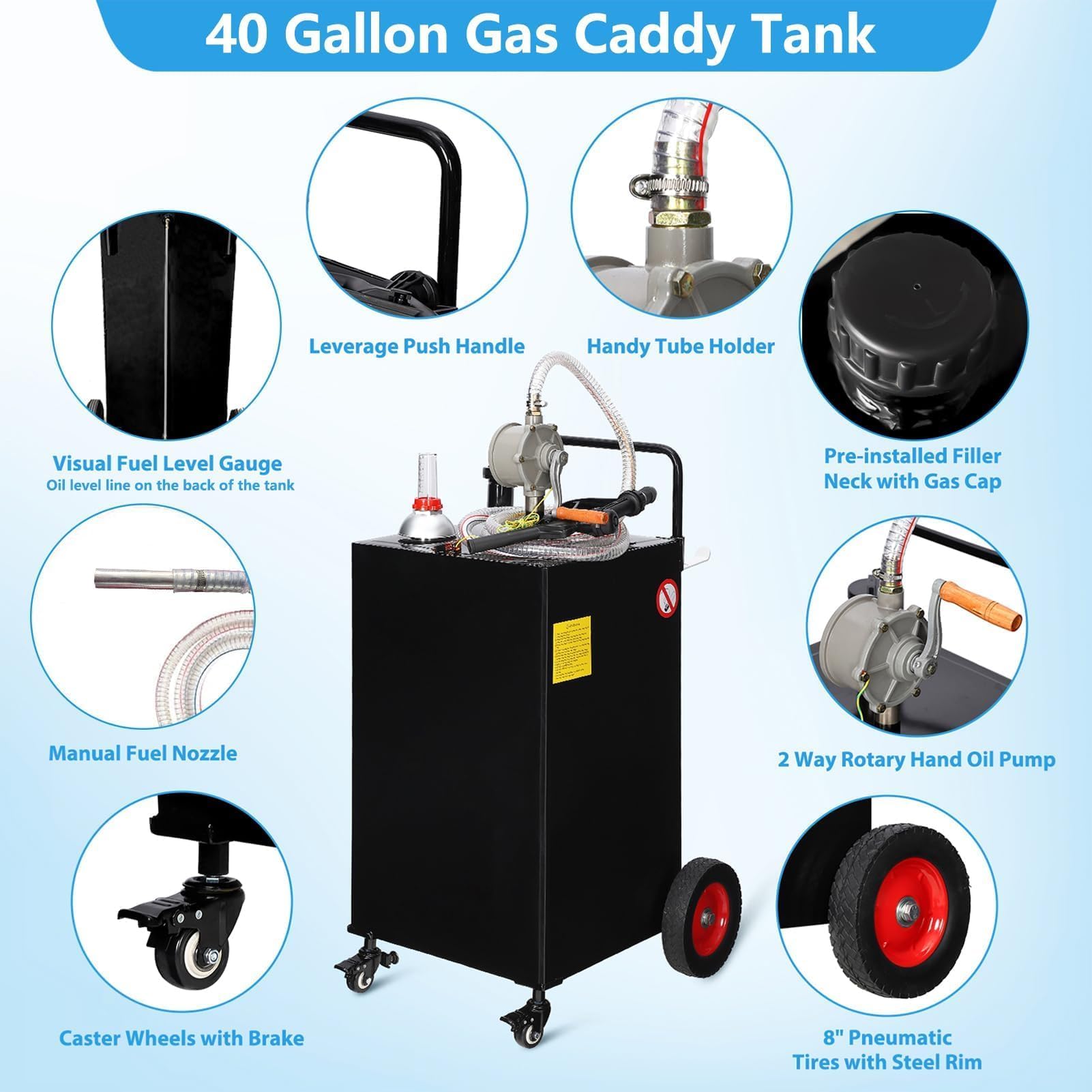 Garvee 40-Gallon Fuel Caddy - Portable Polyethylene Gasoline and Diesel Tank with Manual Rotary Pump, 360° Swivel Connector, 4 Wheels, and Side Hook for Cars and Boats, Black