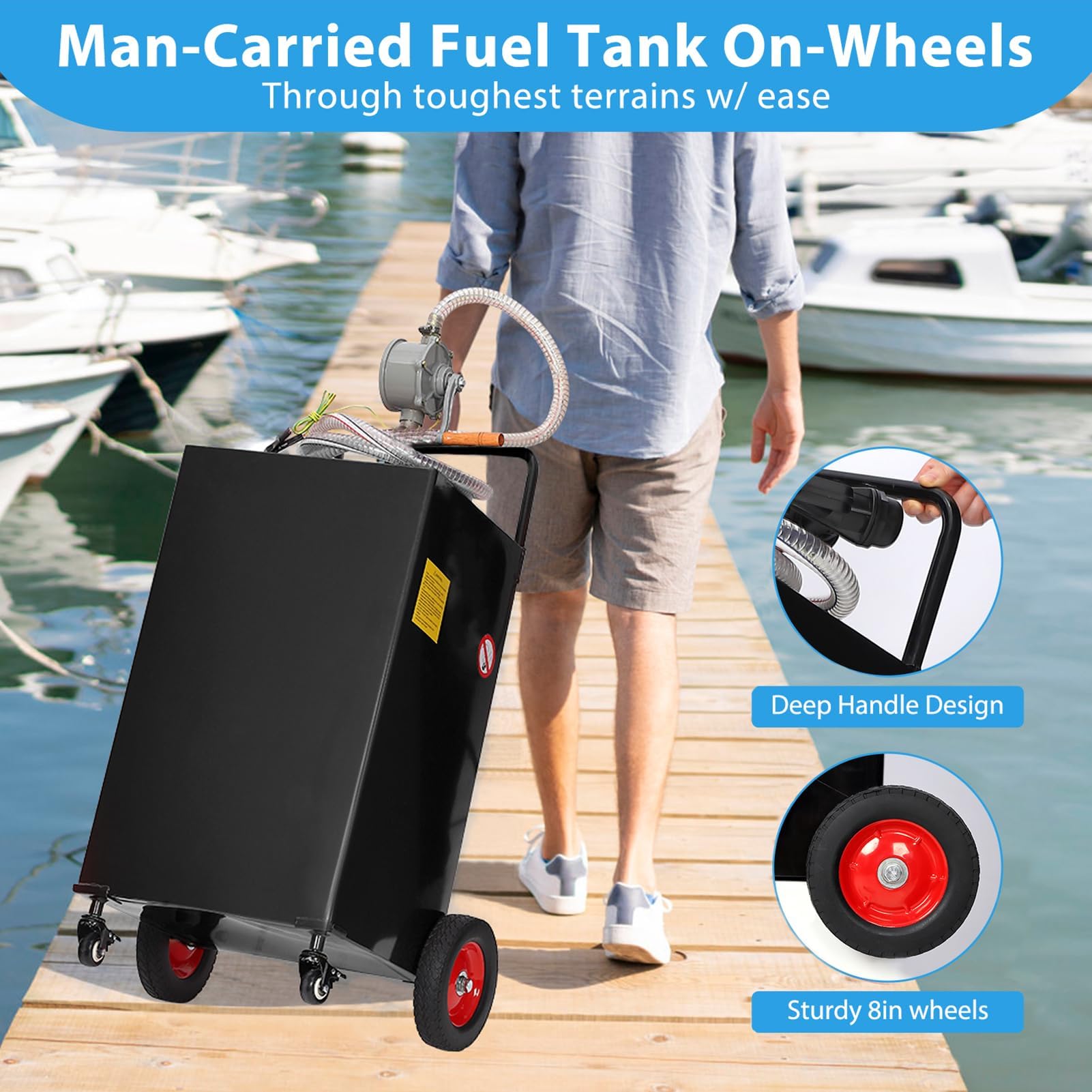 Garvee 50 Gallon Fuel Caddy With 4 Wheels & Manual Transfer Pump, Gasoline Diesel Fuel Can For Cars, Lawn Mowers, Boats, Portable, UV-Resistant, Black
