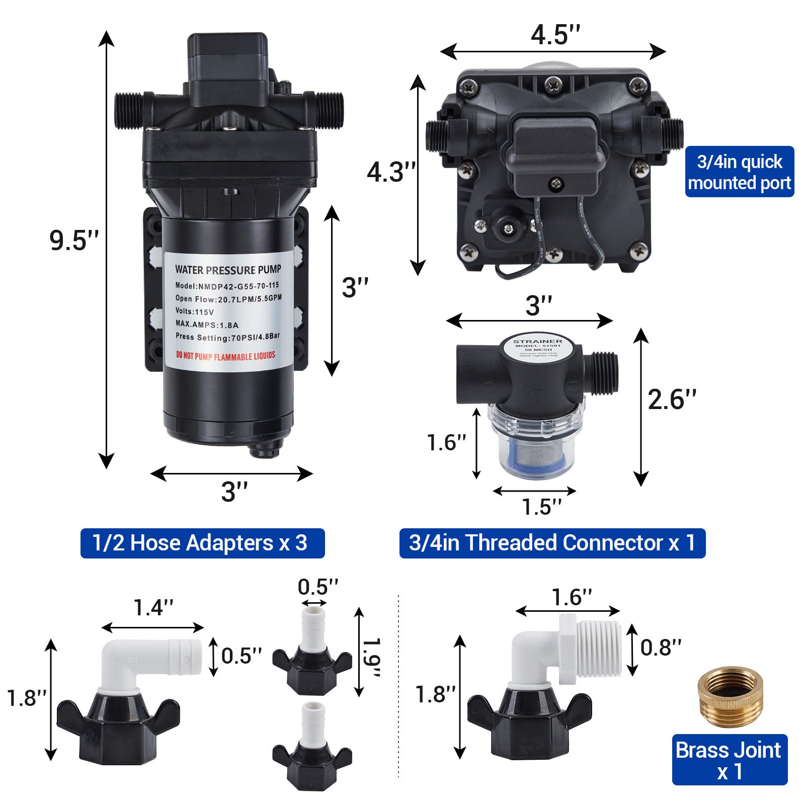Garvee Water Pressure Booster Pump 115V AC 5GPM 55PSI On Demand Water Diaphragm Pump with 125Ft Head Lift, Self-Priming RV Fresh Water Pump with Pressure Switch for Home Marine Yacht Garden Hose