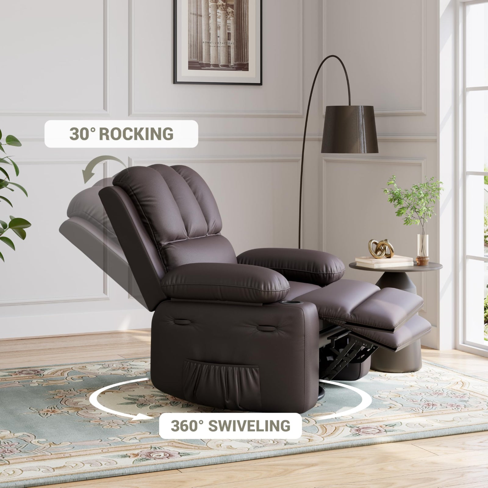 Garvee 22" Widen Rocker Swivel Recliner Chair, Lazy Boy Recliner for Adults, with 1.5X Sponge Filling, Side Pocket, and Cup Holder, for Living Room, Bedroom, and Nursery, Coffee