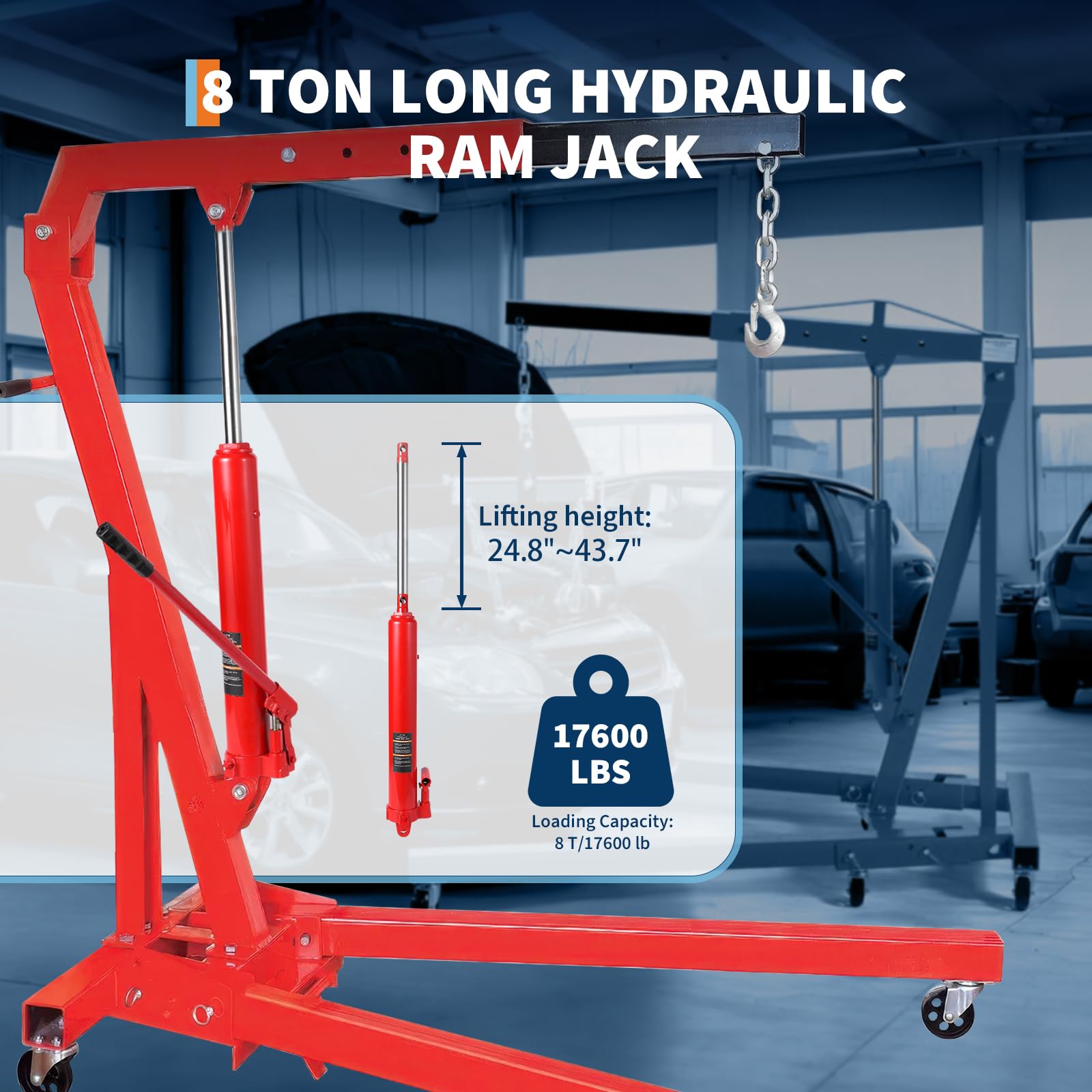 Garvee 8 Ton Hydraulic Long Ram Jack with Single Piston Pump & Clevis Base for Engine Hoists, Garage Cranes, Farm Use, Adjustable 24.8"-43.7", Heavy Duty Steel