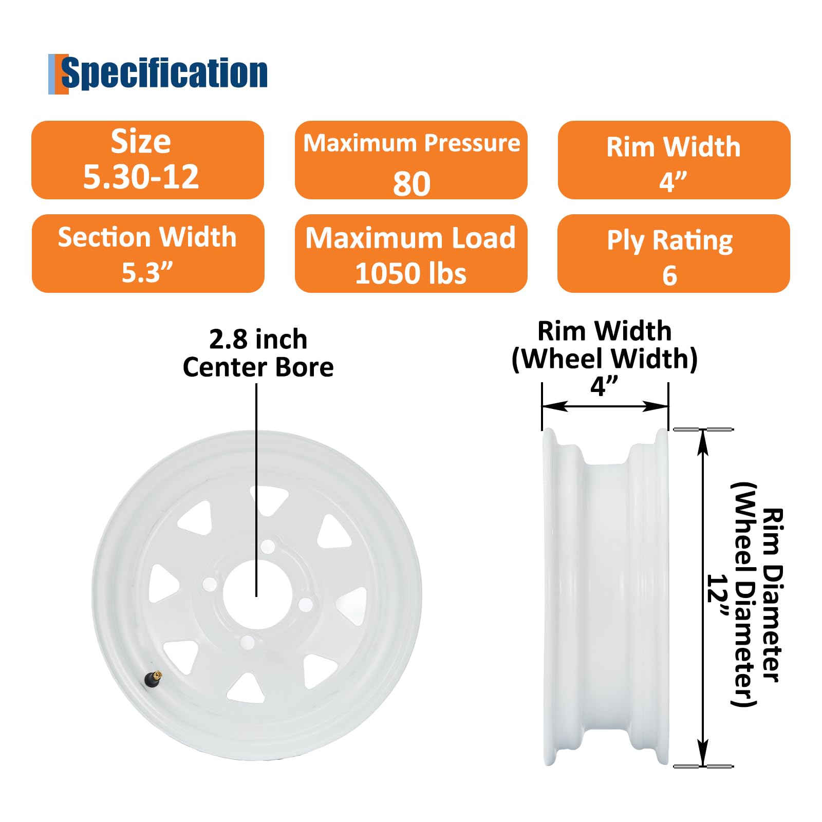 Garvee 5.30-12 Trailer Tire and Wheel Assembly, Heavy-Duty Load Range C 6PR, 12 Inch White Modular Wheel for Utility Boat Camper Trailers, Set of 2