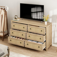 Garvee Rattan 6 Dresser for Bedroom, 47.2" Wide Dresser, Boho Wide Drawer Dresser with Storage, Wooden Closet Dressers Chest of Drawers Freestanding for Bedroom, Nursery, Living Room, Natural