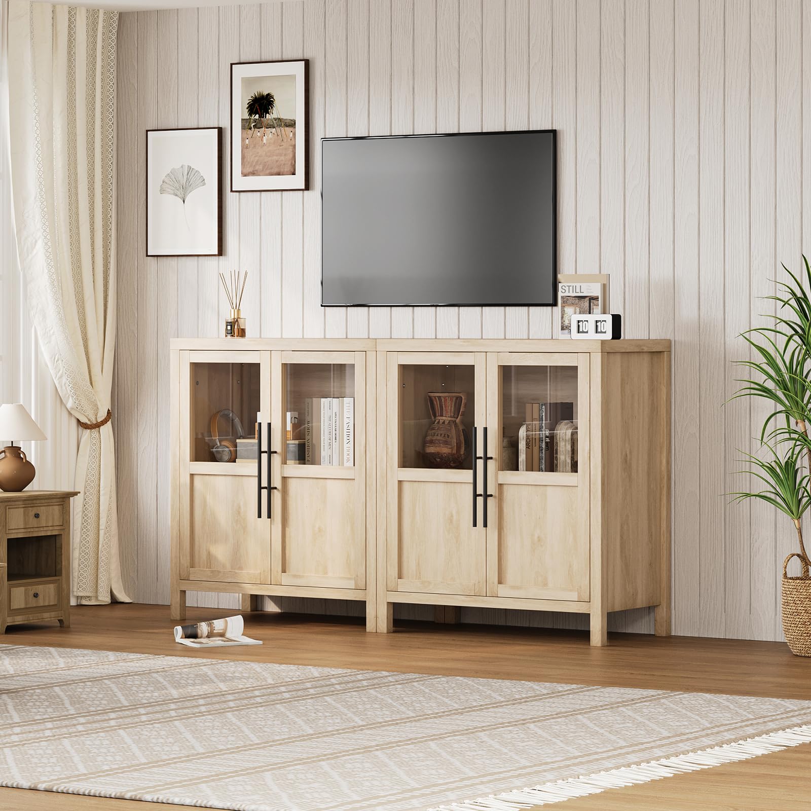 Garvee Sideboard Buffet Cabinet with Glass Doors, 29" Large Buffet Cabinet with Storage, Modern Farmhouse Storage Cabinet Table for Kitchen Dining Room, Living Room(Glass with 2 Door, Pear Wood)